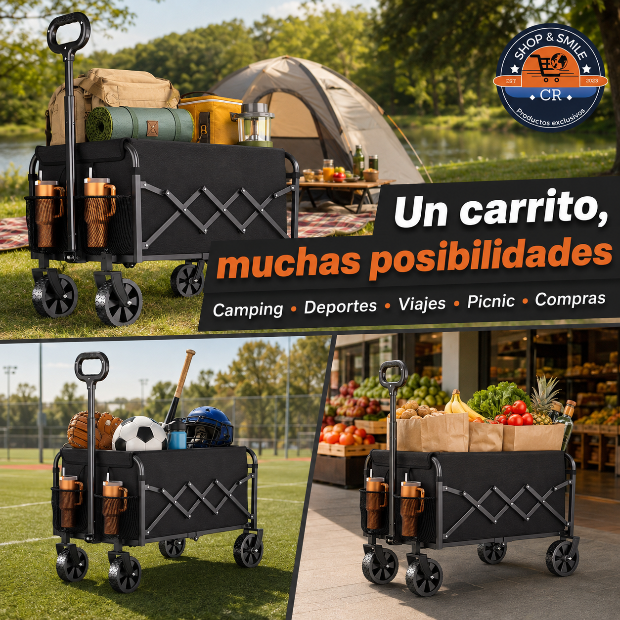 Carro de vagón plegable utilizado para camping, deportes, viajes, picnic y compras.