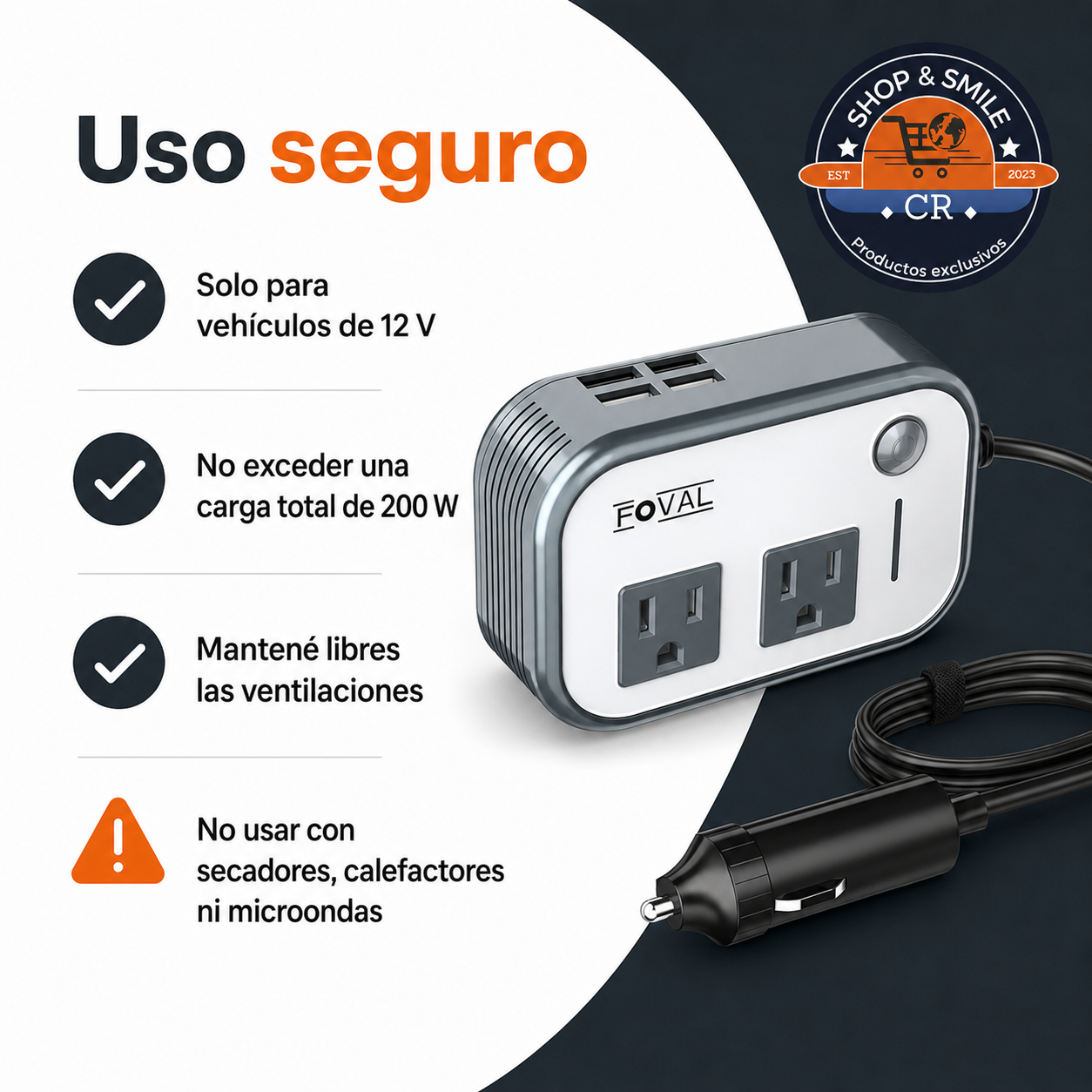 Inversor de potencia para vehículo FOVAL 200 W con 2 tomas CA y 4 puertos USB