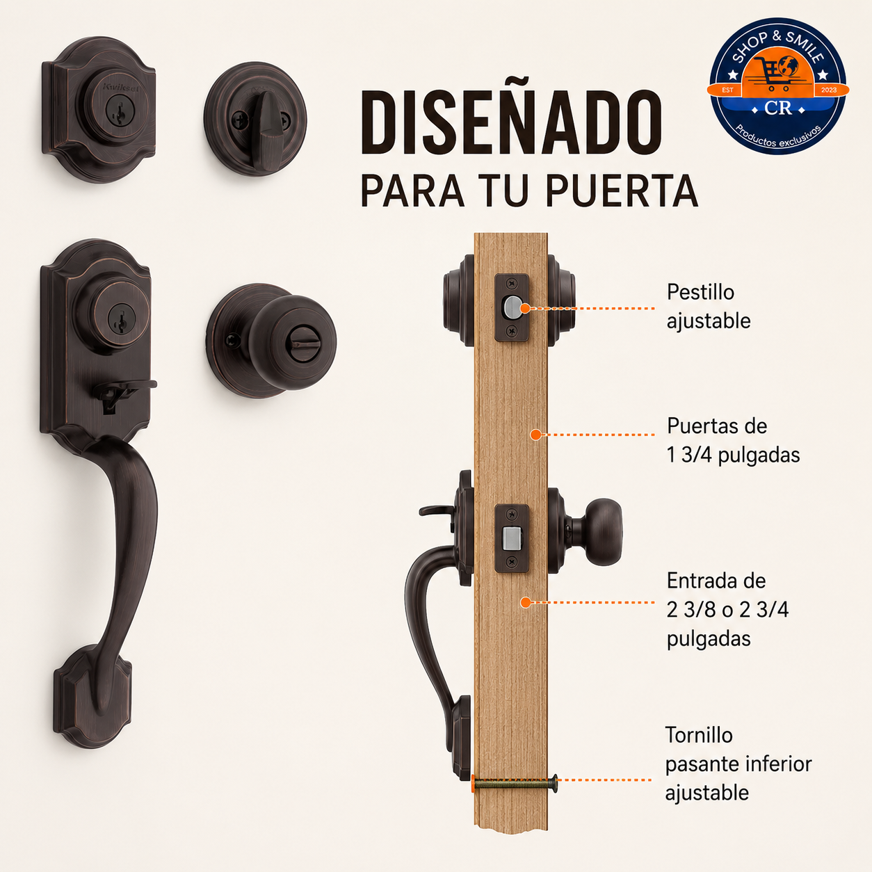 Medidas y compatibilidad de instalación del juego Kwikset Montara para puerta principal