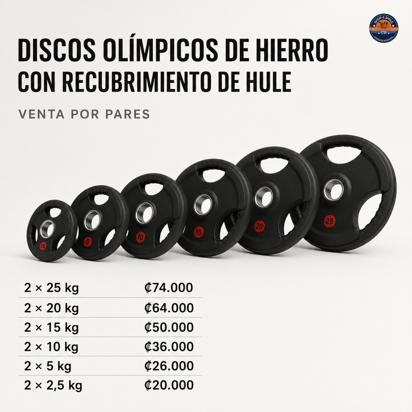 Par de discos olímpicos de hierro recubiertos de hule – 2 pulgadas