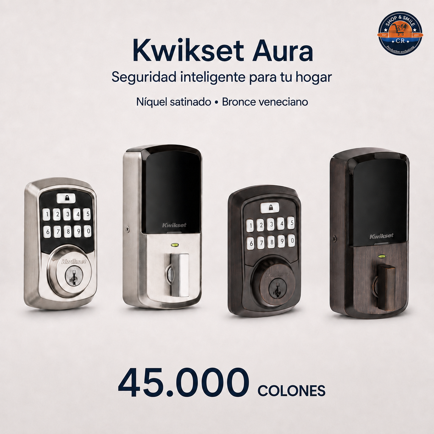 Cerradura inteligente Kwikset Aura Bluetooth en níquel satinado, con teclado numérico, entrada sin llave y control mediante aplicación móvil.