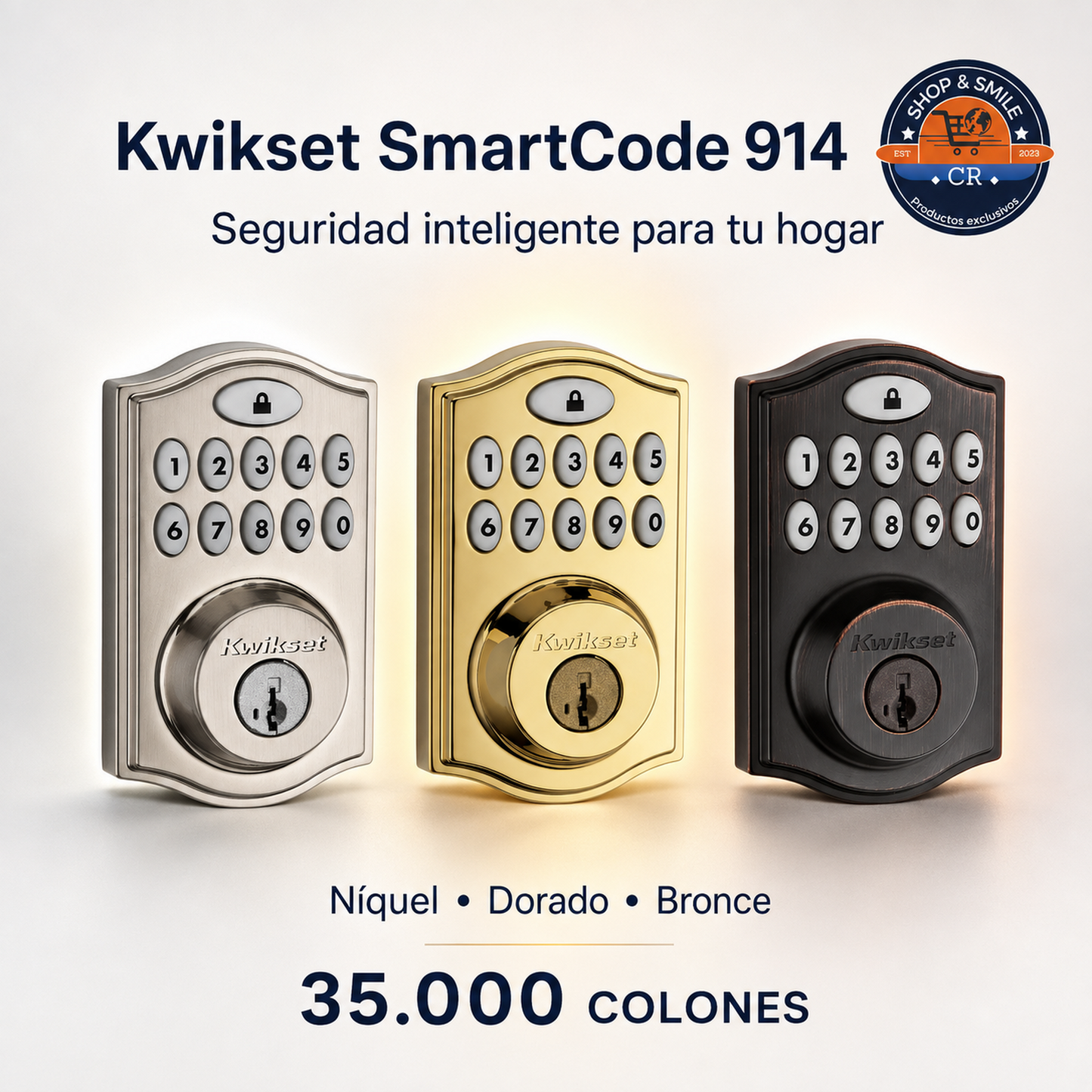 Kwikset SmartCode 914. Cuenta con teclado iluminado, hasta 30 códigos personalizados, bloqueo automático y conectividad Zigbee para integrarlo con un sistema de hogar inteligente compatible