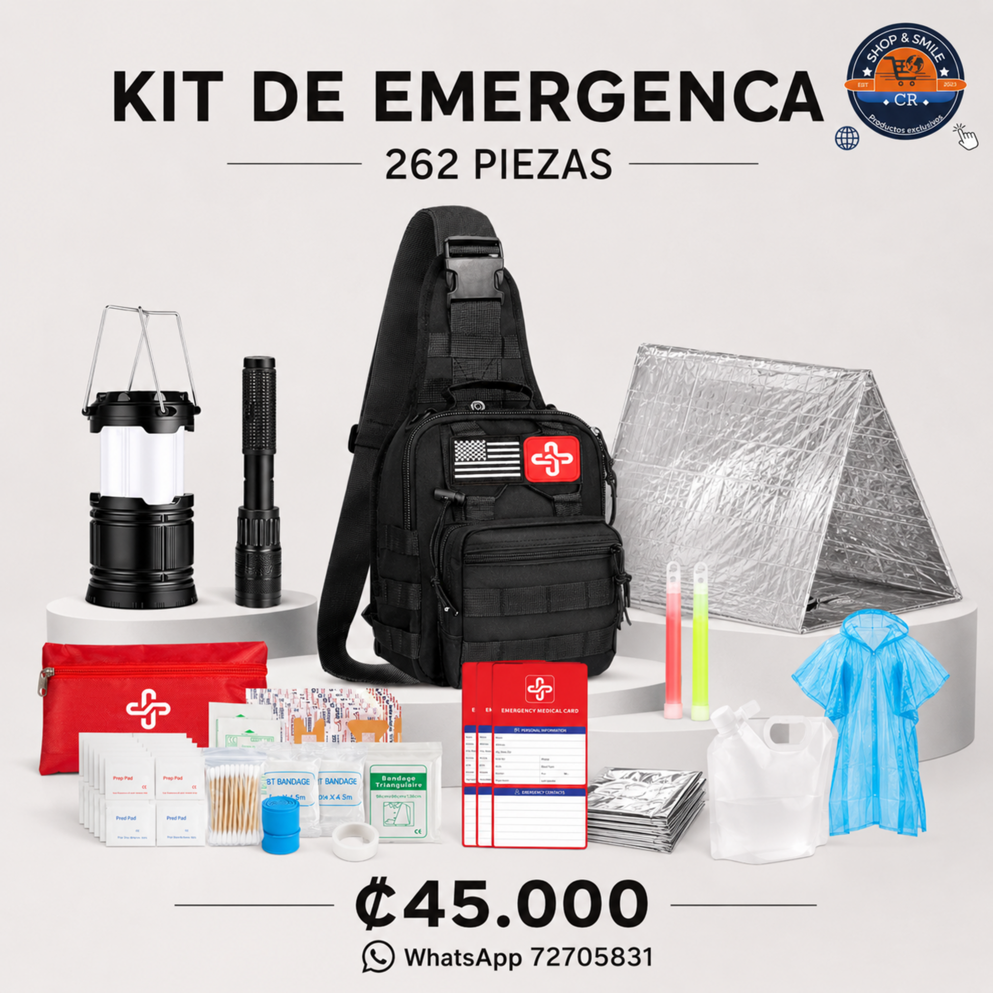 Kit de emergencia con bolsa bandolera, primeros auxilios, iluminación y refugio térmico, precio ₡45.000.