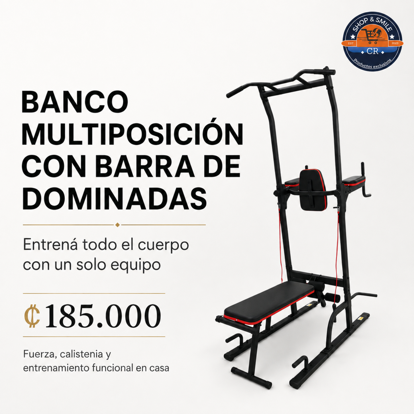 Banco multiposición con barra de dominadas para gimnasio en casa