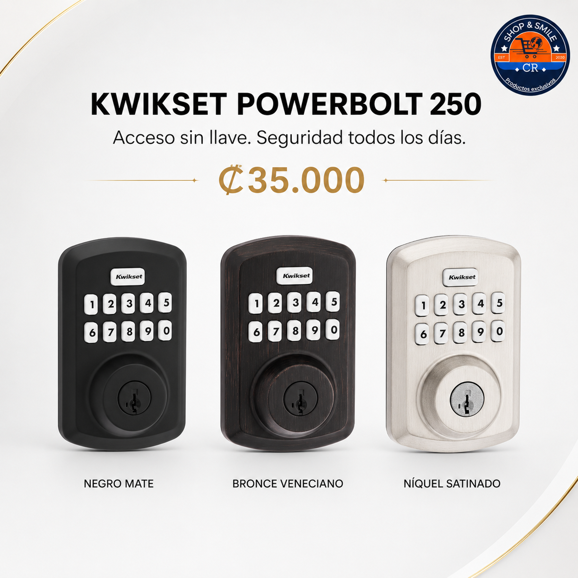Kwikset Powerbolt 250 con teclado de 10 botones, llave SmartKey y acabados negro mate, bronce veneciano y níquel satinado.