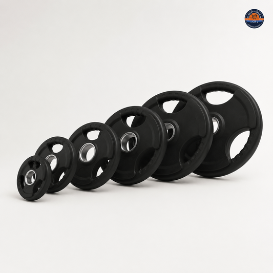 Pares de discos olímpicos de hierro con recubrimiento de hule disponibles de 2,5 a 25 kg por disco