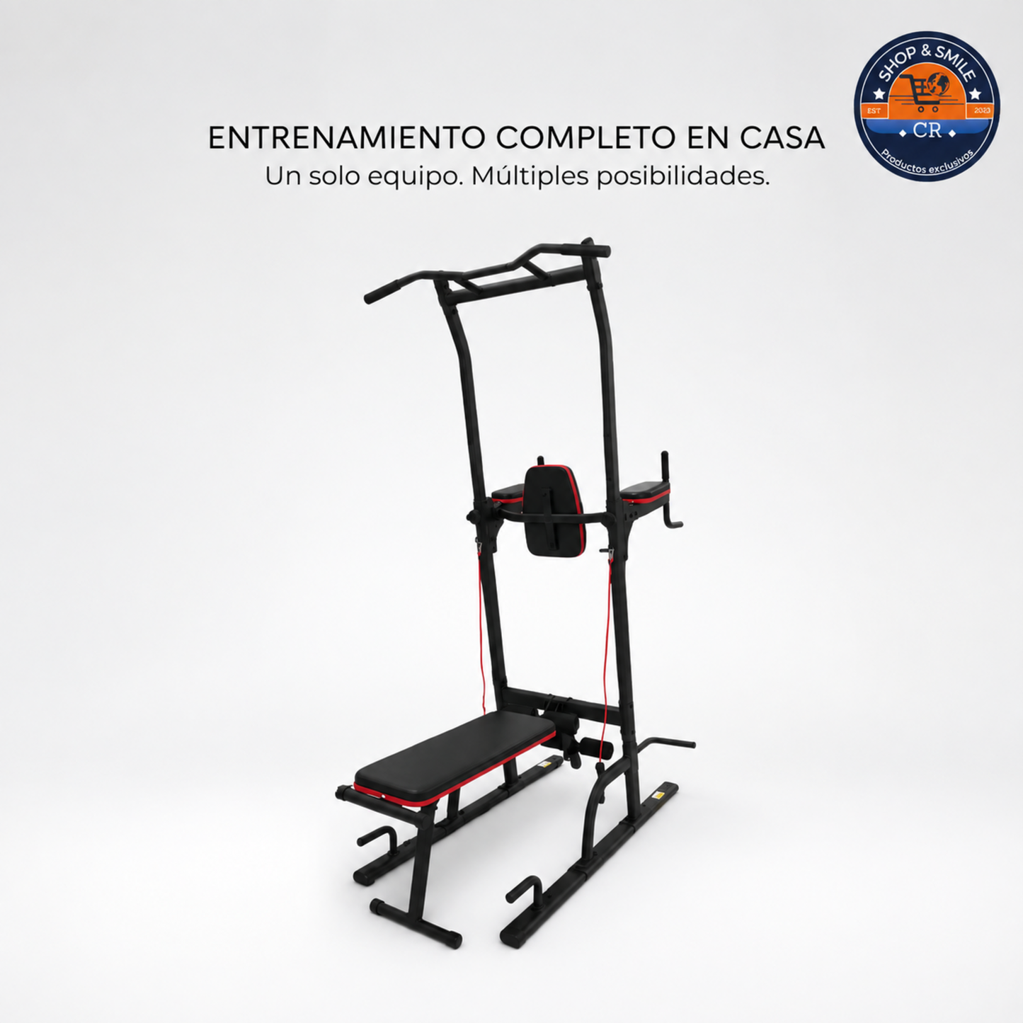 Banco multiposición con barra de dominadas para gimnasio en casa