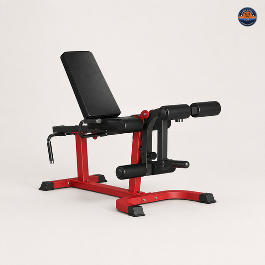 Máquina JELENS J10 roja y negra para extensión y curl de piernas, con capacidad máxima de 440 libras.