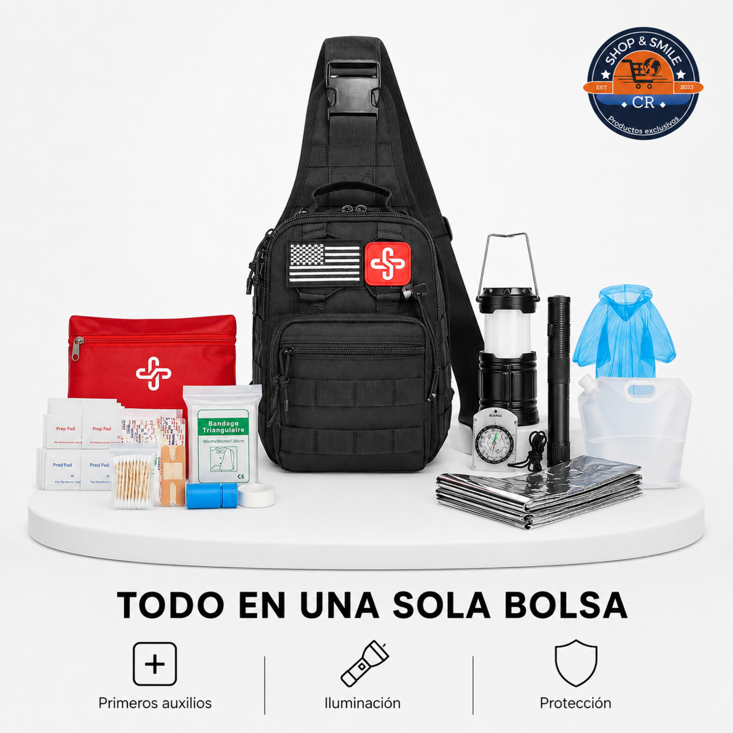 Bolsa bandolera con artículos de primeros auxilios, iluminación y protección para emergencias.