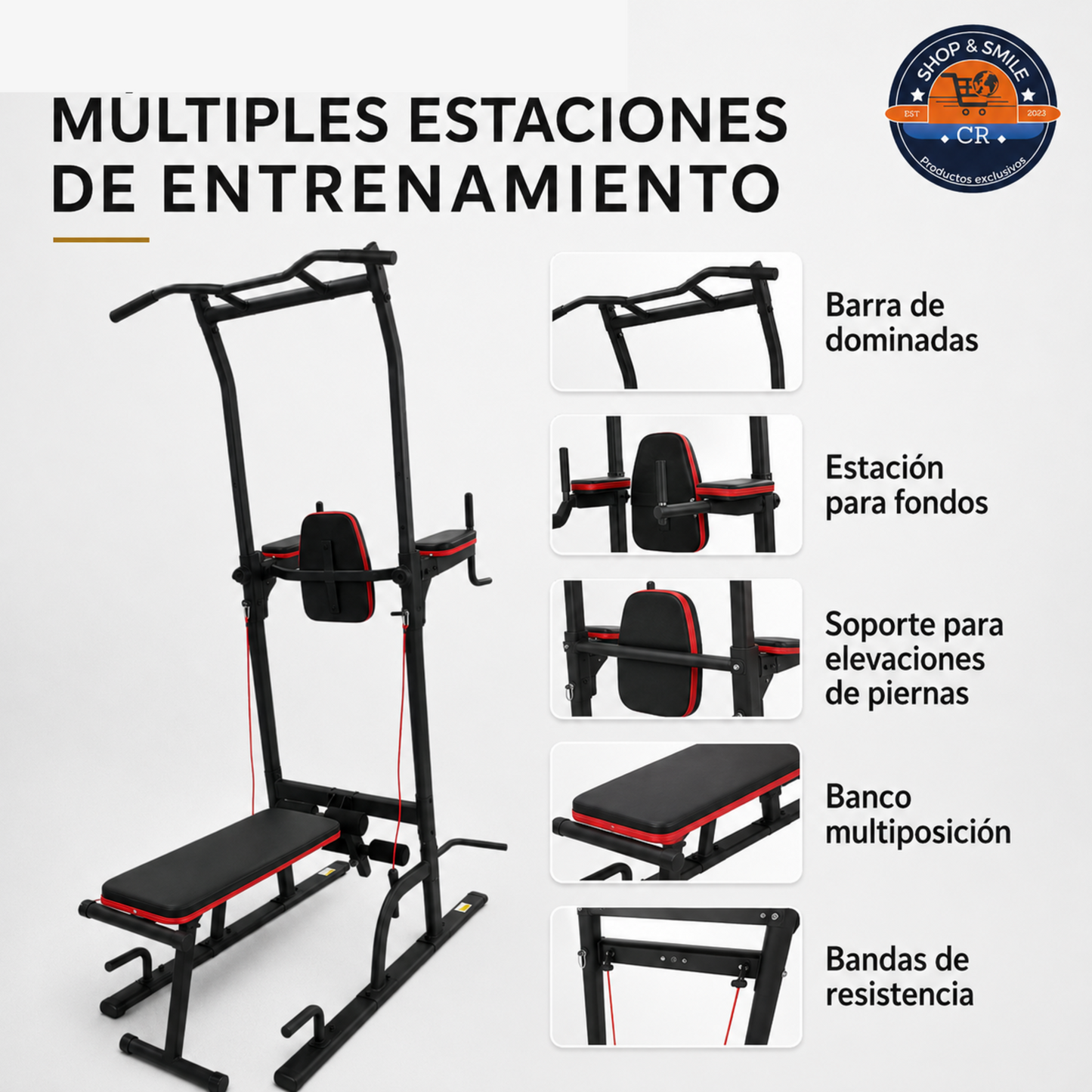 Banco multiposición con barra de dominadas para gimnasio en casa
