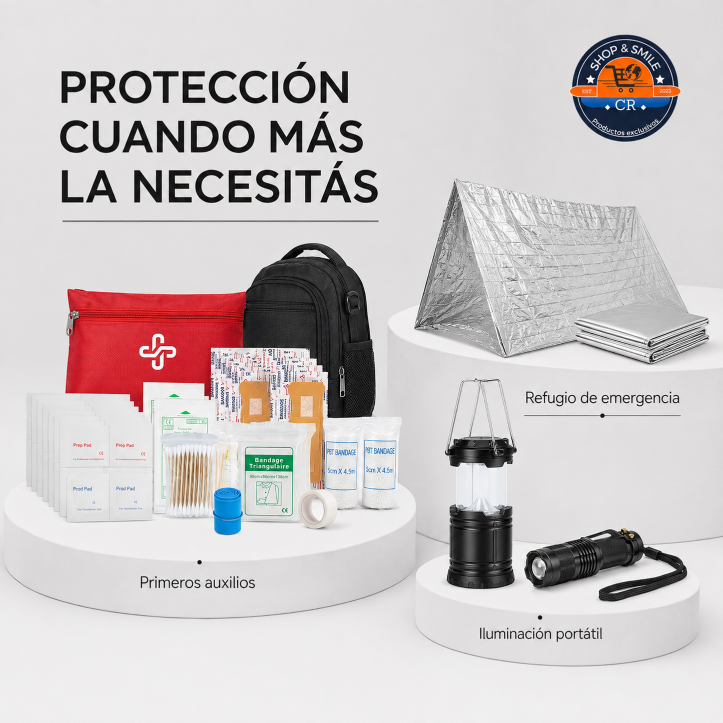 Suministros de primeros auxilios, refugio térmico, manta de emergencia, lámpara y linterna portátil.