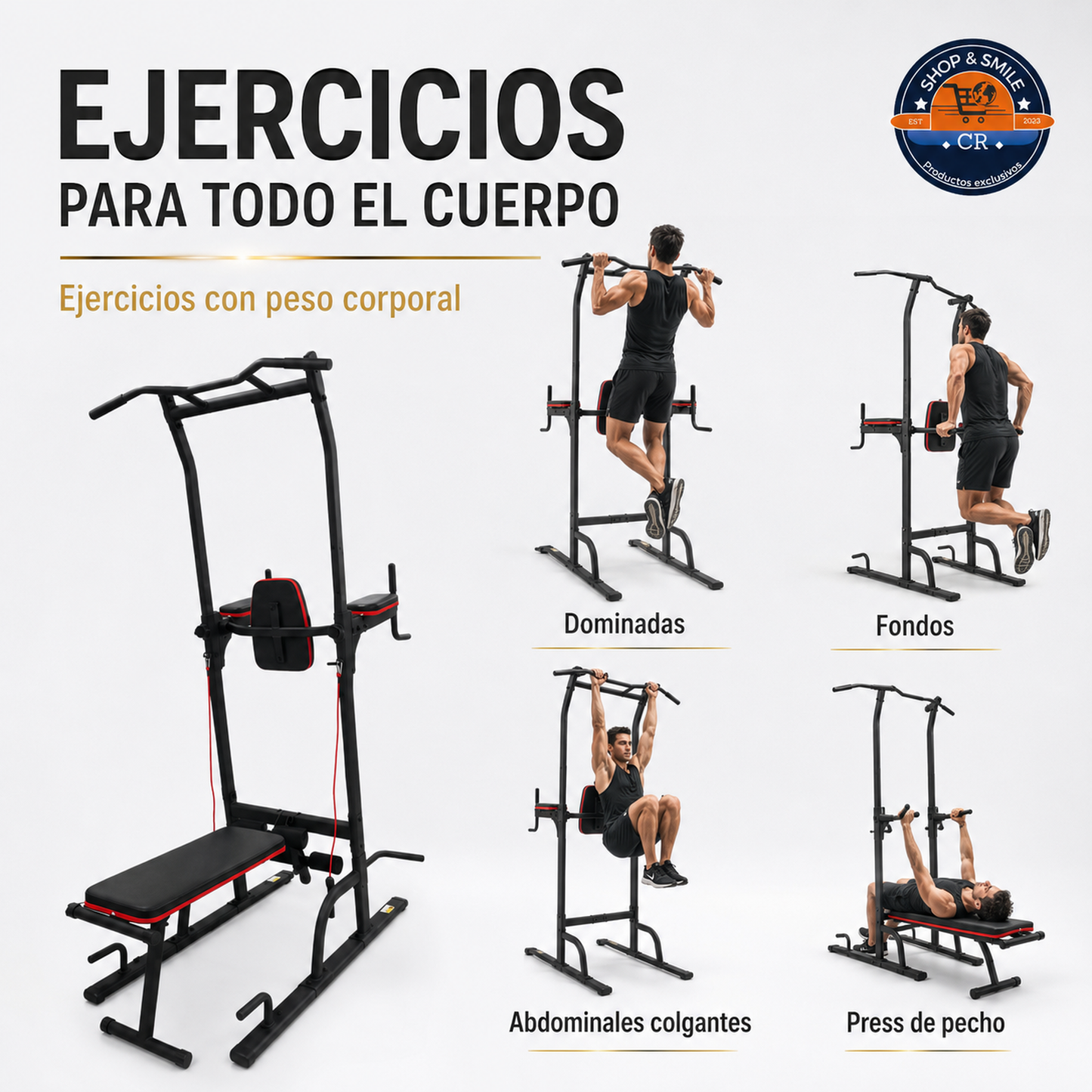 Banco multiposición con barra de dominadas para gimnasio en casa