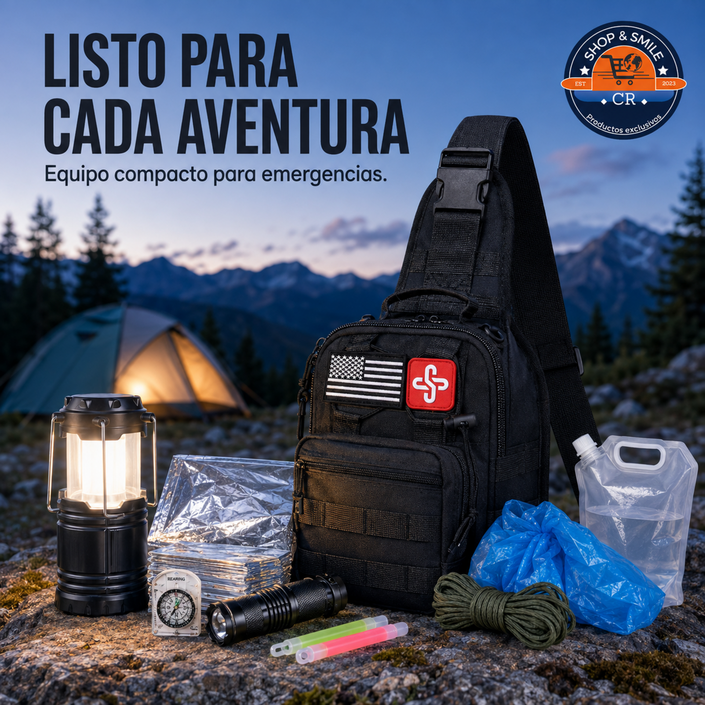 Bolsa de emergencia compacta con iluminación, brújula, manta térmica, impermeable y recipiente para agua.