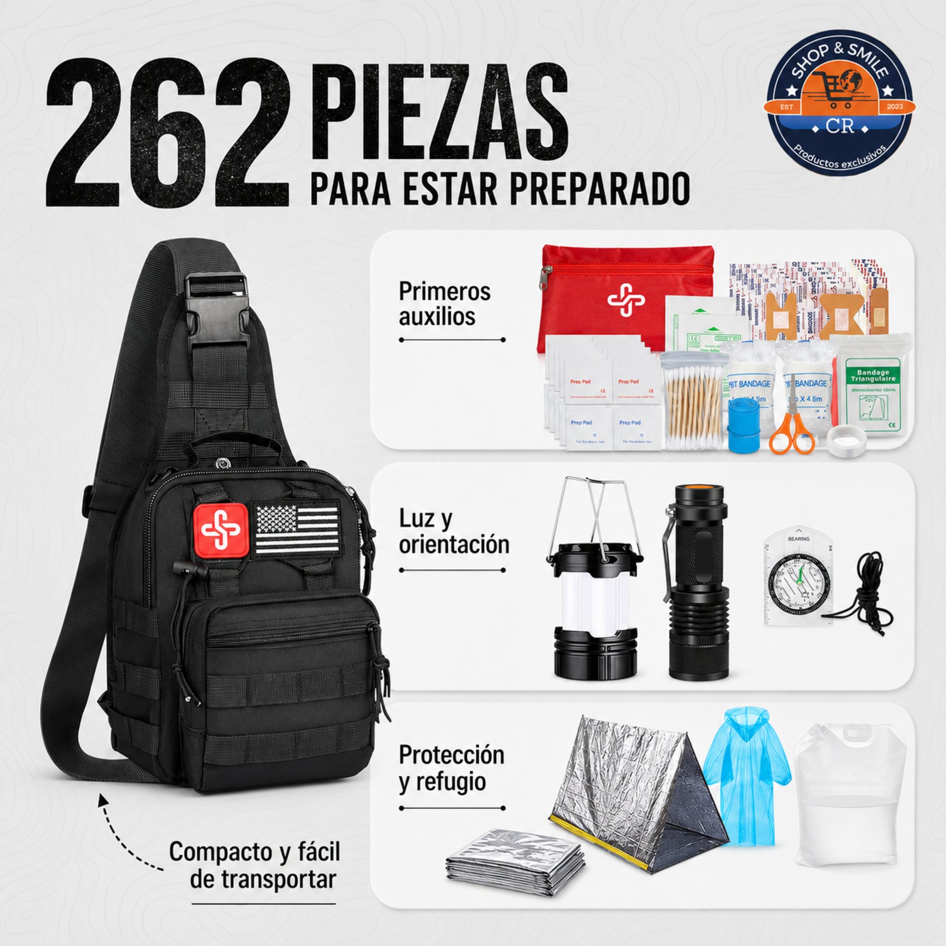 Componentes del kit organizados por primeros auxilios, orientación, iluminación, protección y refugio.