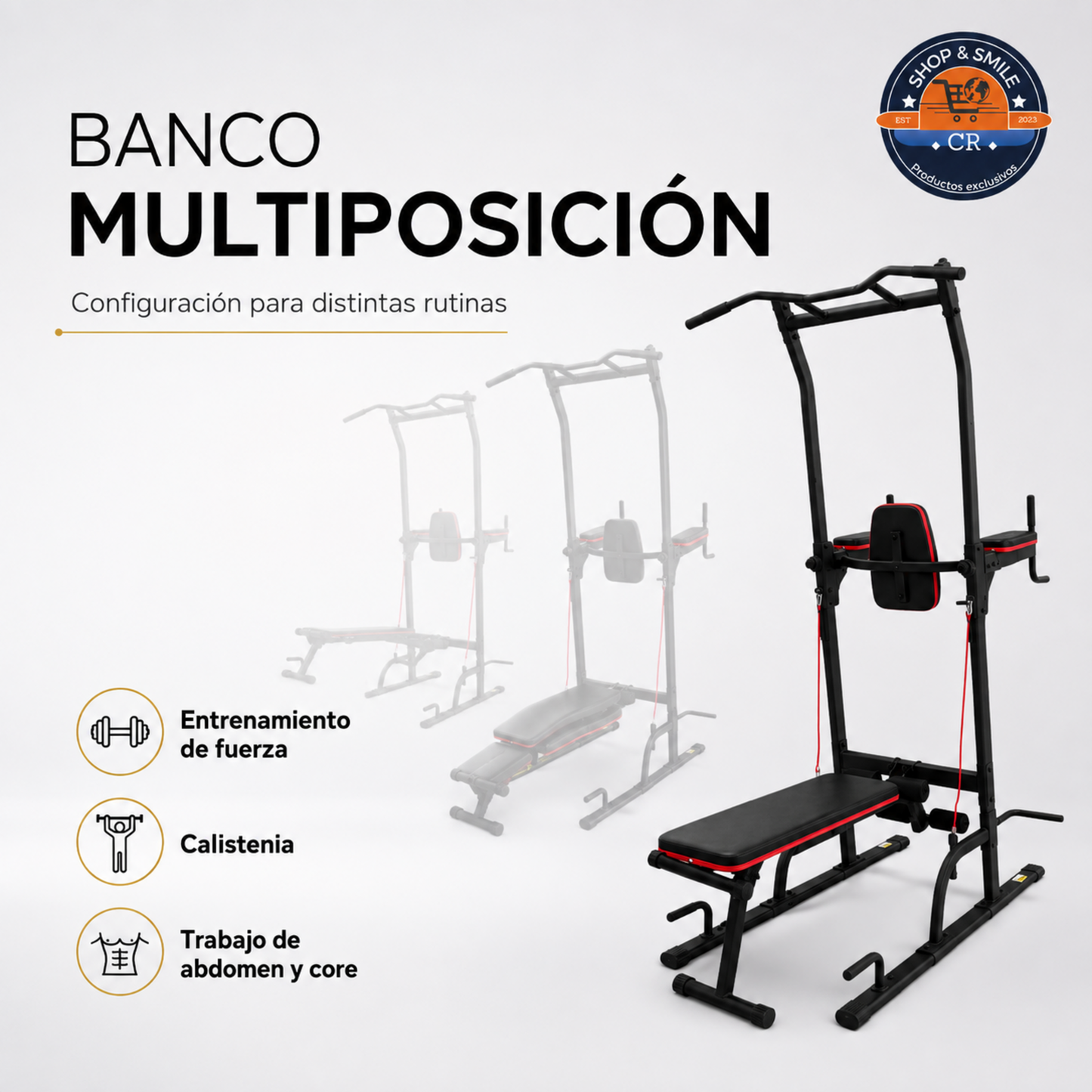 Banco multiposición con barra de dominadas para gimnasio en casa