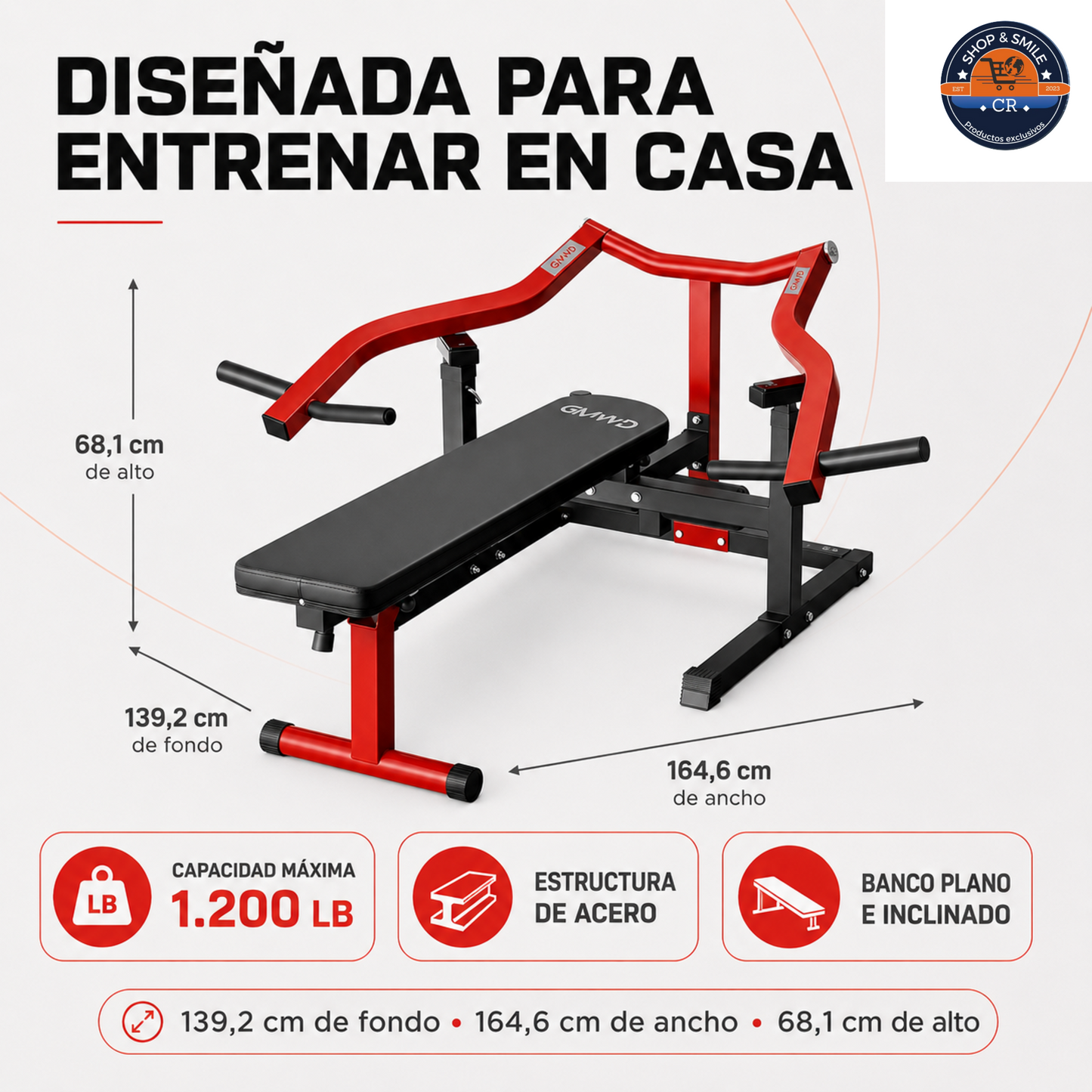 Máquina GMWD 1050 lb para press de pecho con banco ajustable