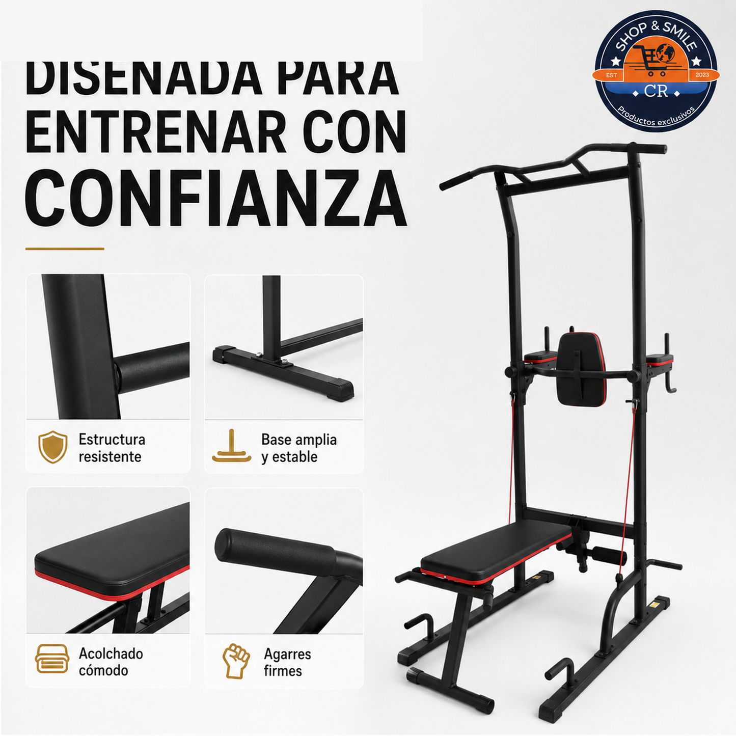 Banco multiposición con barra de dominadas para gimnasio en casa