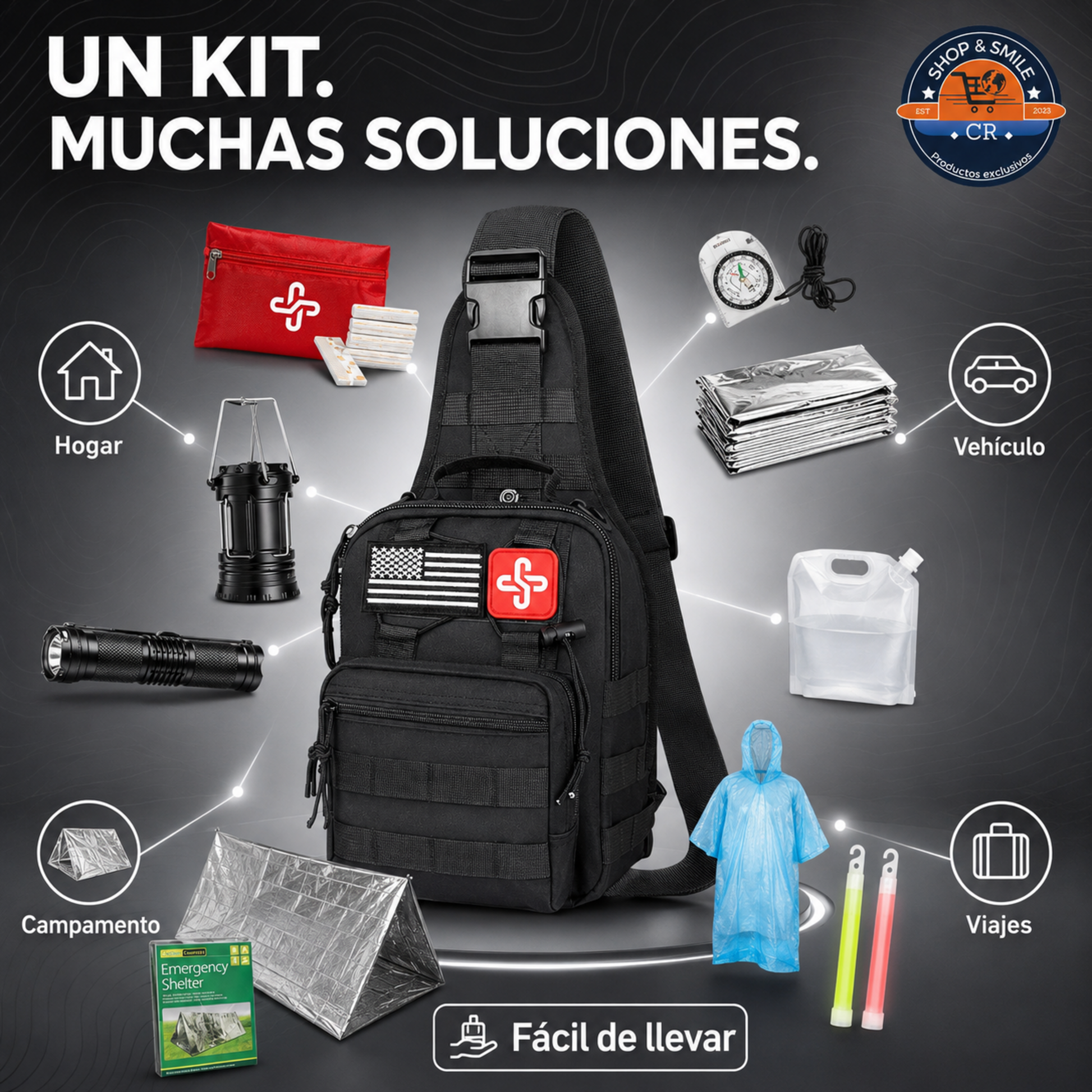 Kit portátil para el hogar, vehículo, viajes y campamento con bolsa bandolera y suministros de emergencia.