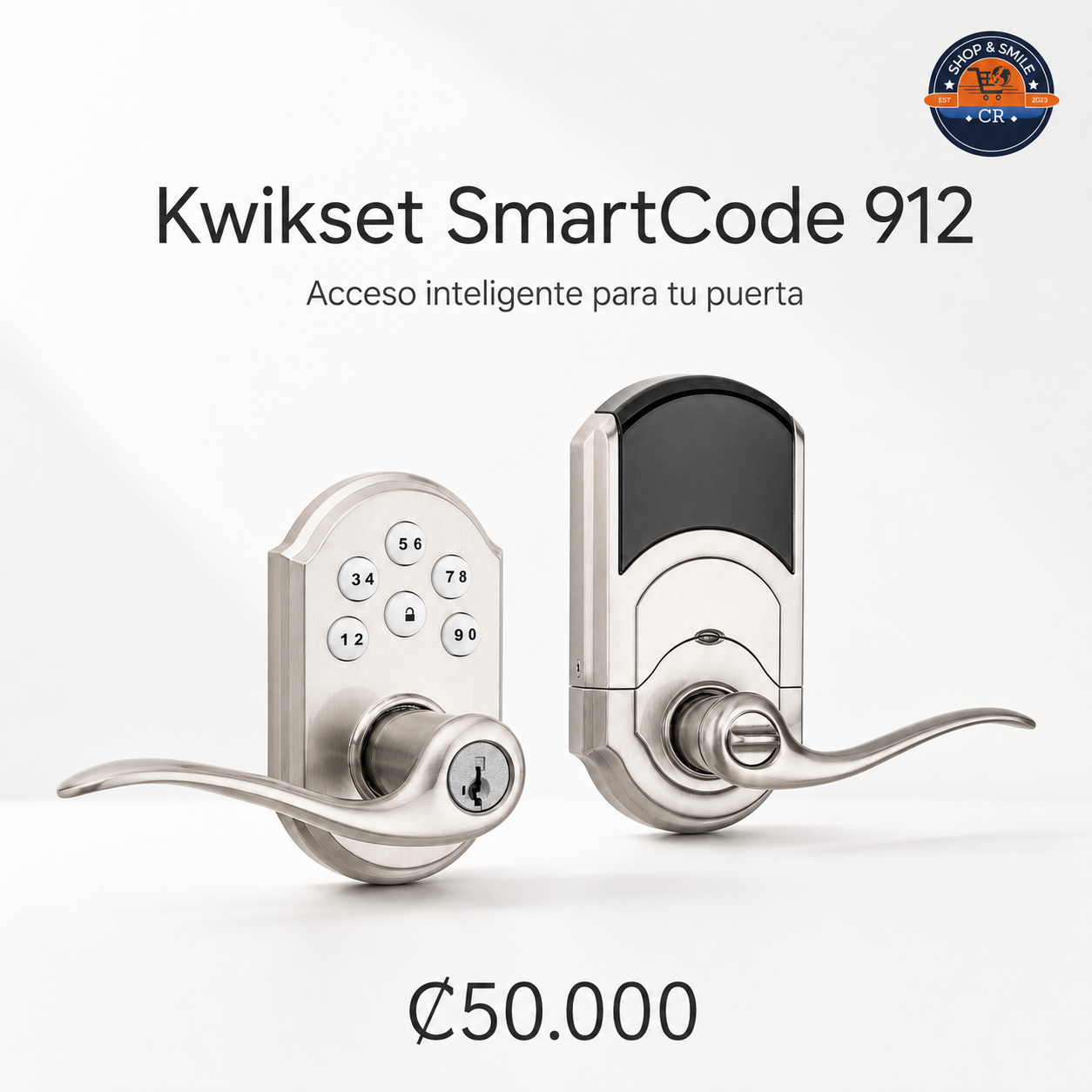 Kwikset SmartCode 912 Tustin en níquel satinado, cerradura electrónica con manija, teclado iluminado y tecnología Z-Wave.