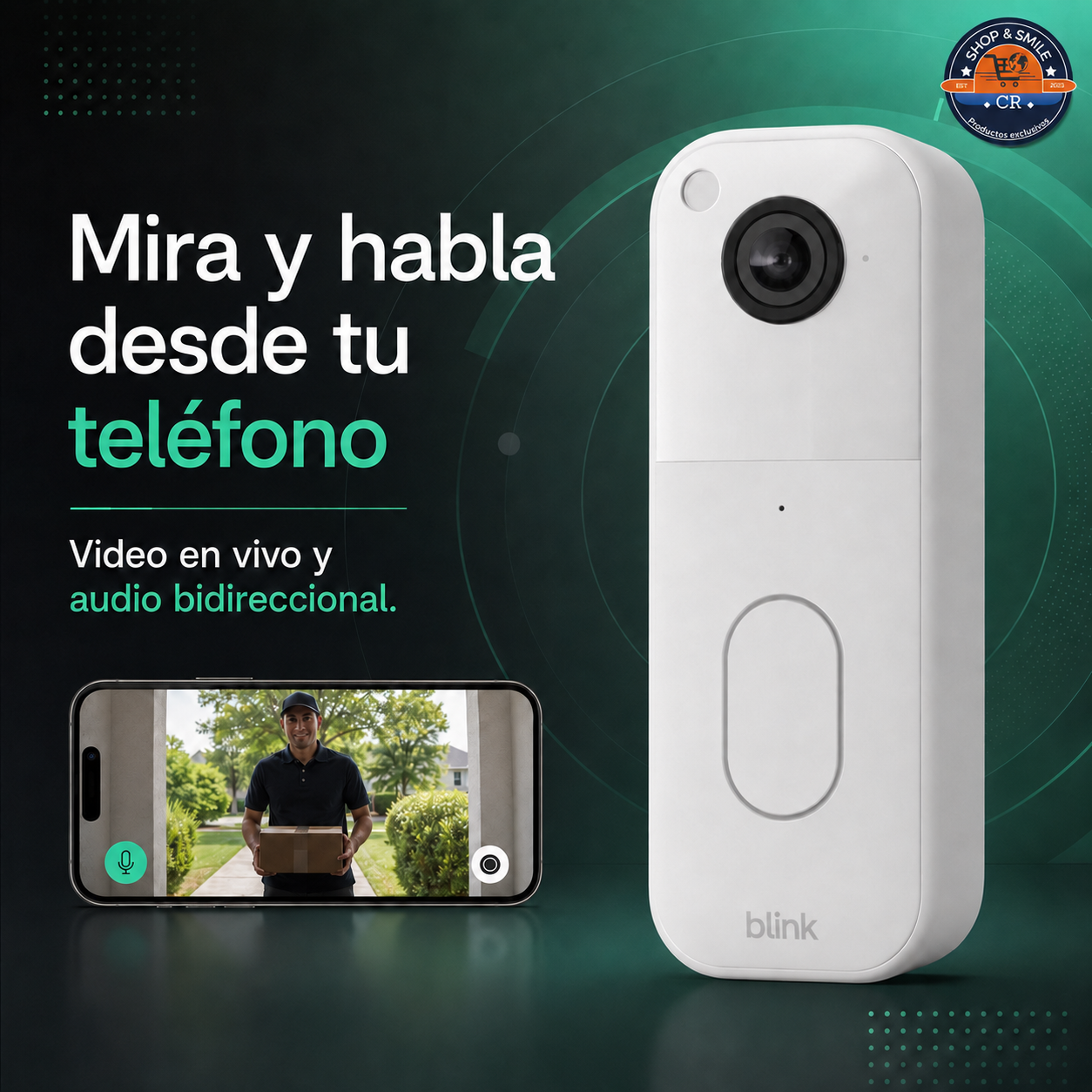 Blink Video Doorbell negro instalado junto a una puerta con configuración sencilla en pocos minutos.