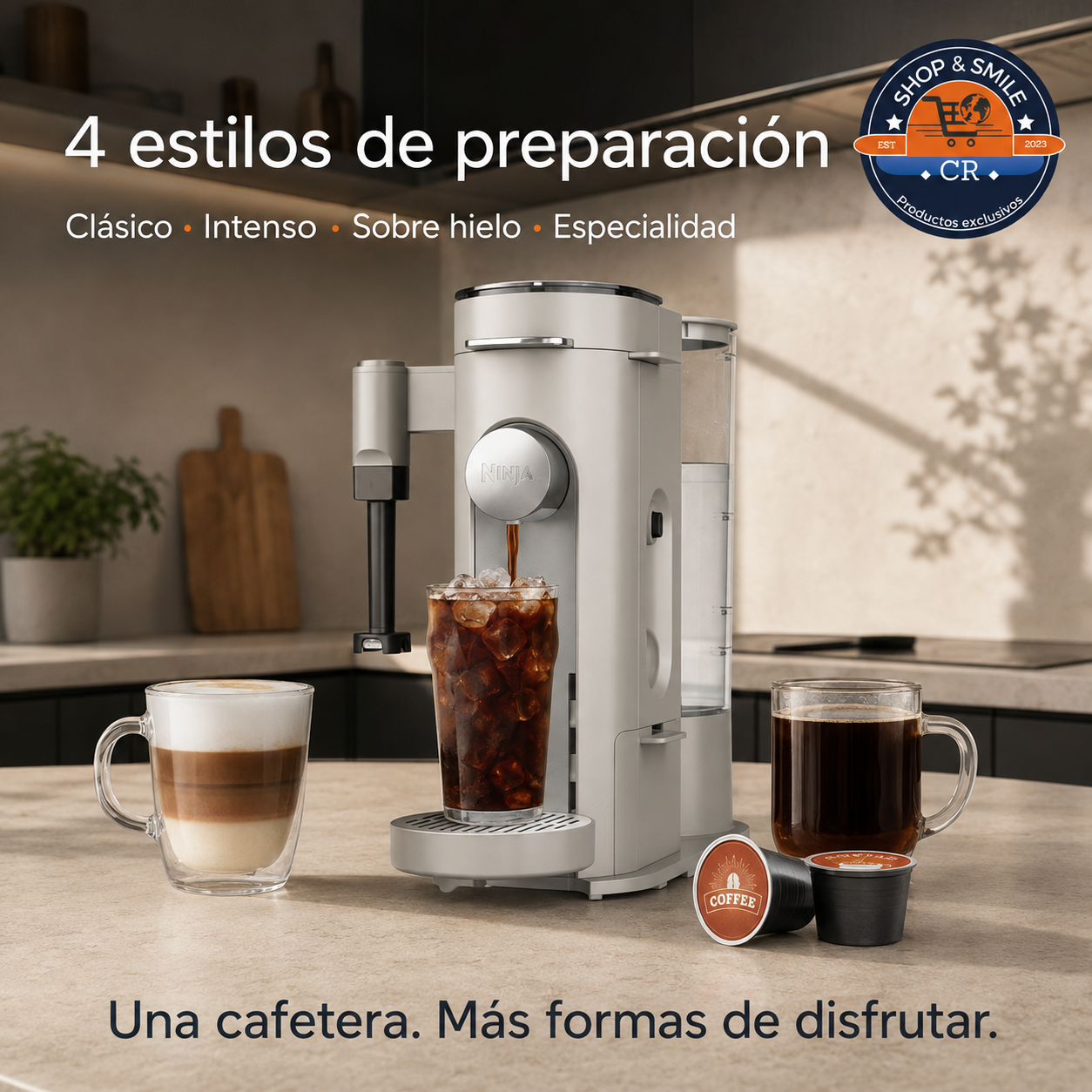 Texto alternativo: Cafetera Ninja con preparacion clasica intensa sobre hielo y especialidad