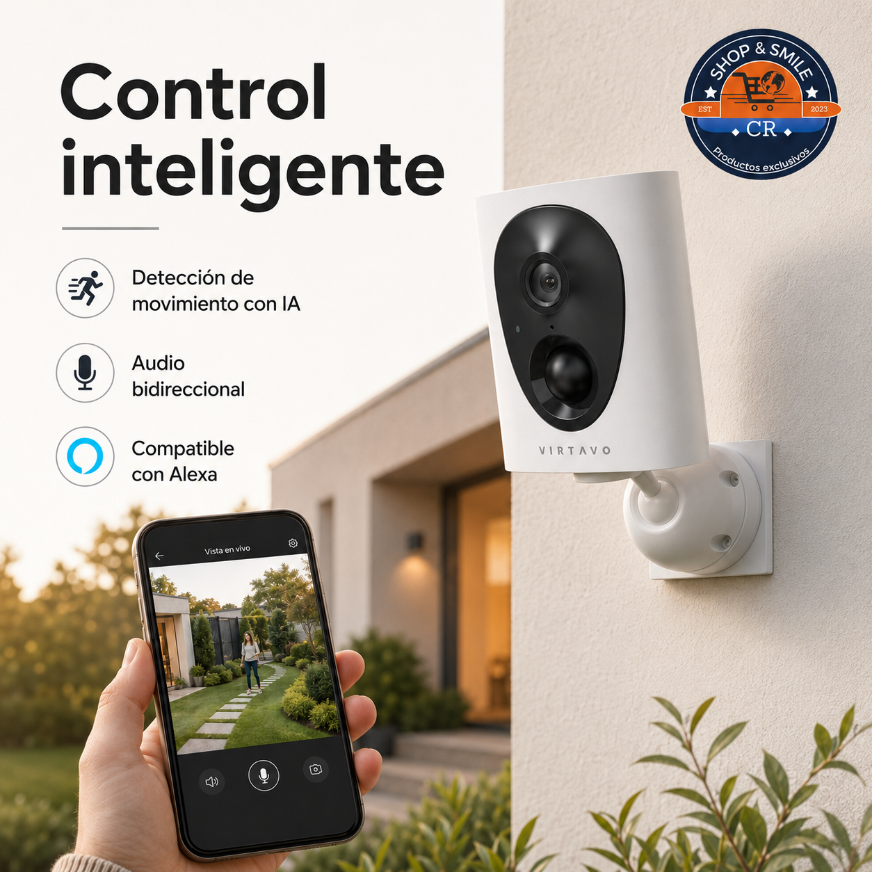 Cámara VIRTAVO con detección de movimiento mediante IA, audio bidireccional y compatibilidad con Alexa