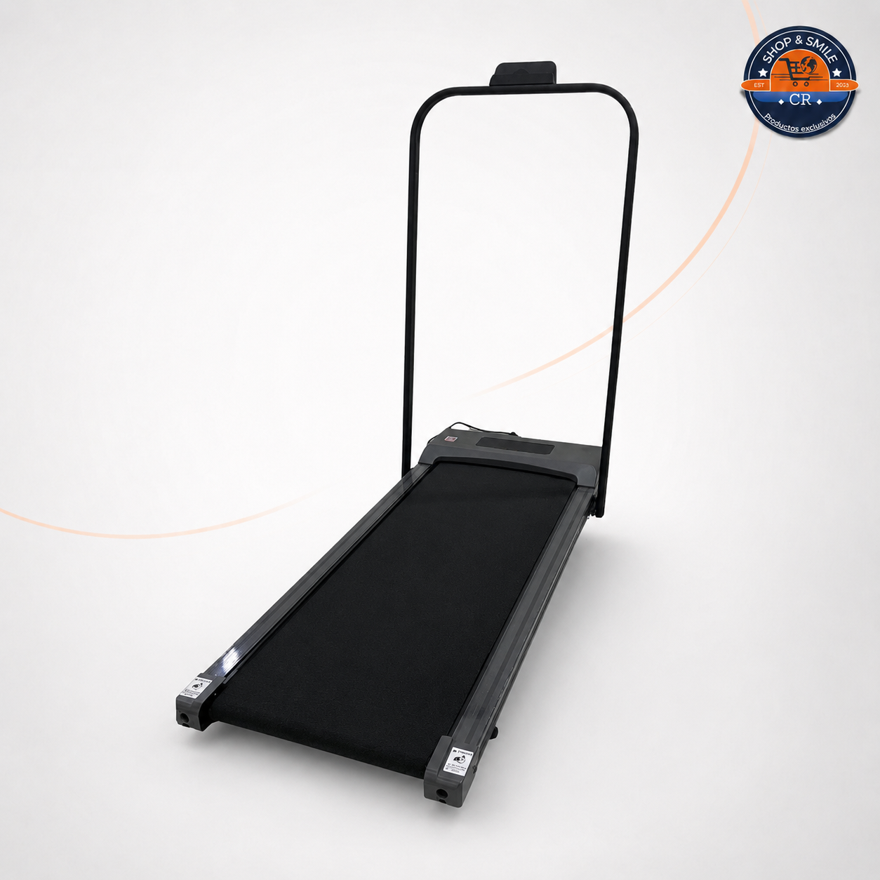 magen informativa de la caminadora eléctrica negra referencia 129-1505, presentada desde diferentes ángulos junto con su control remoto, pantalla LED, soporte para celular, interruptor y medidas generales.