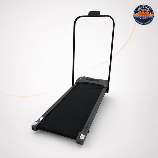 magen informativa de la caminadora eléctrica negra referencia 129-1505, presentada desde diferentes ángulos junto con su control remoto, pantalla LED, soporte para celular, interruptor y medidas generales.