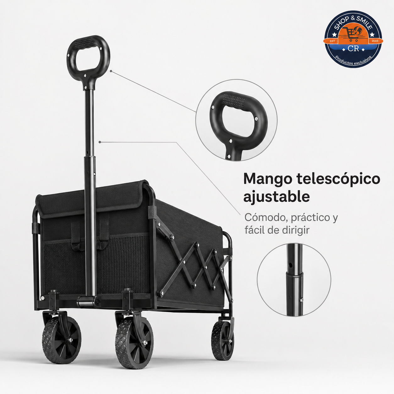Carro de vagón plegable con mango telescópico ajustable y empuñadura cómoda.