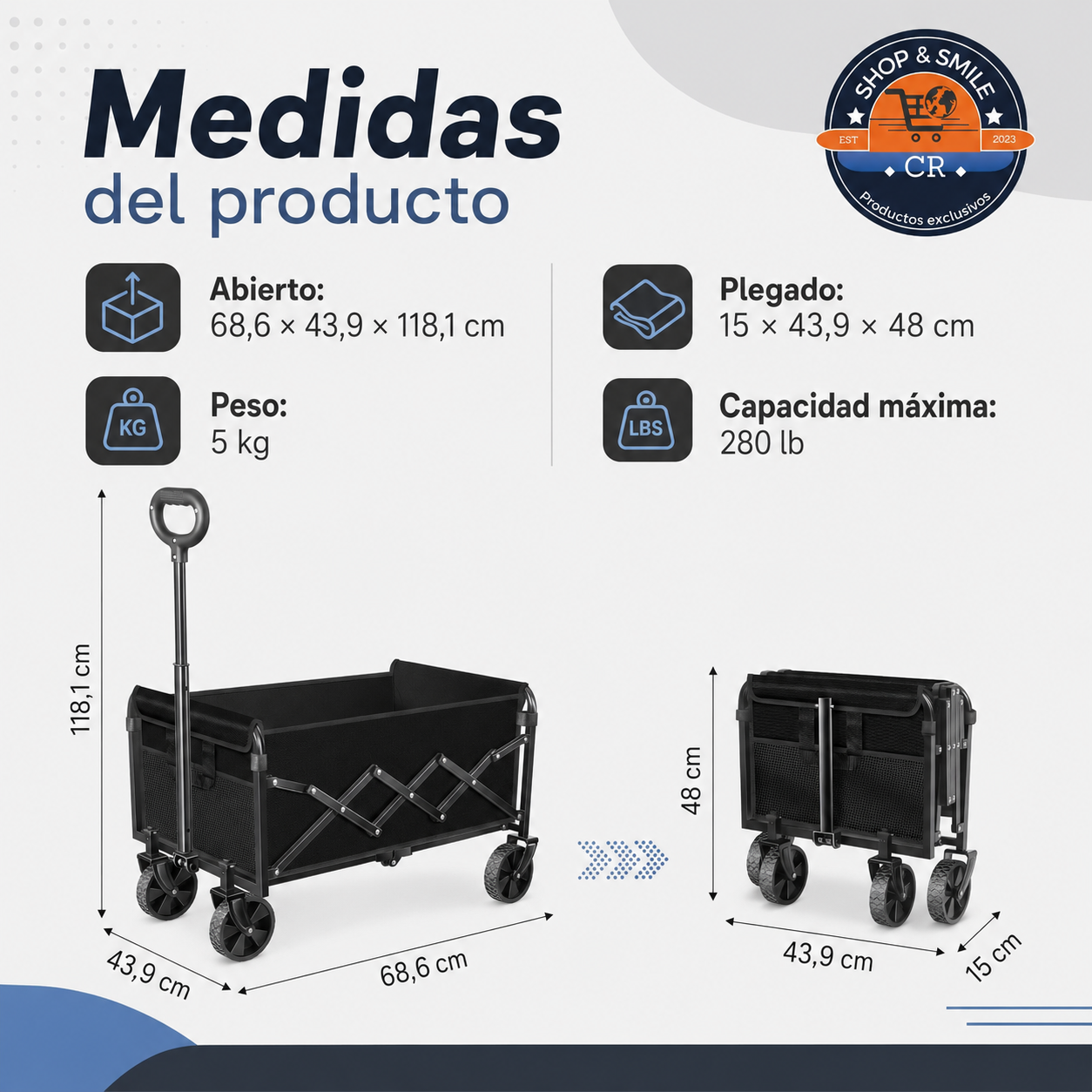 Medidas del carro plegable abierto y cerrado, peso aproximado de 5 kg y capacidad máxima de 280 libras.