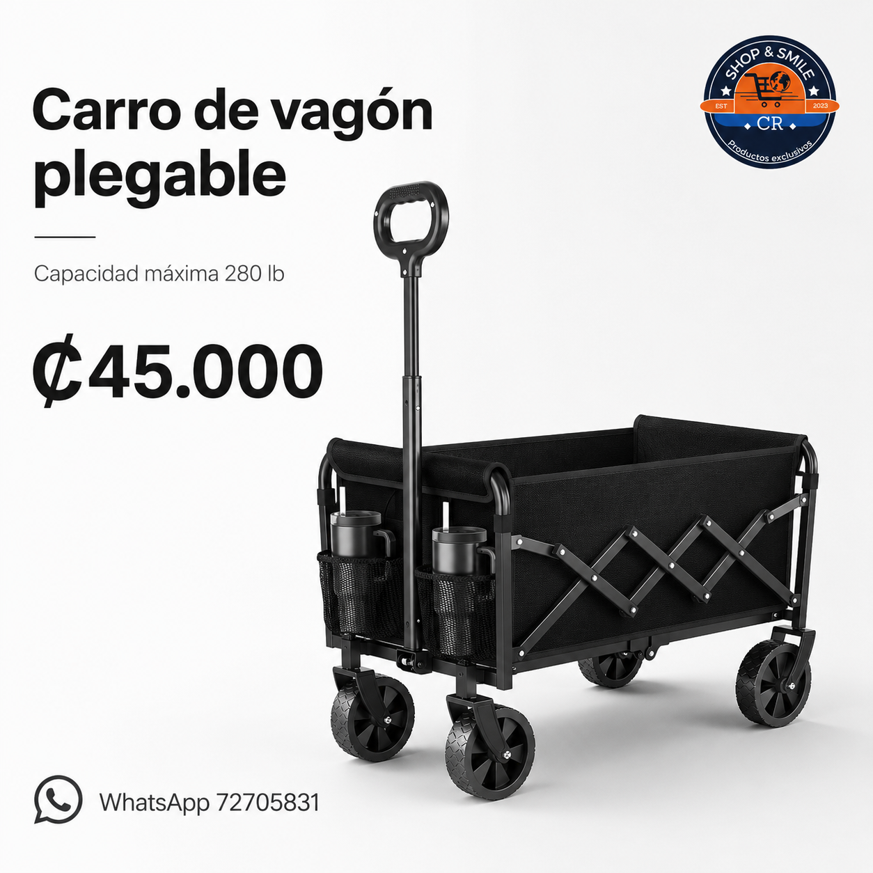 Carro de vagón plegable negro con capacidad de 280 libras, precio de ₡45.000 y WhatsApp de Shop and Smile.