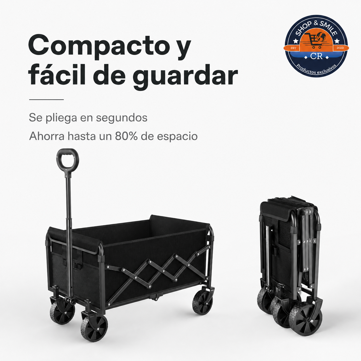 Carro de vagón negro mostrado abierto y plegado para facilitar su transporte y almacenamiento.