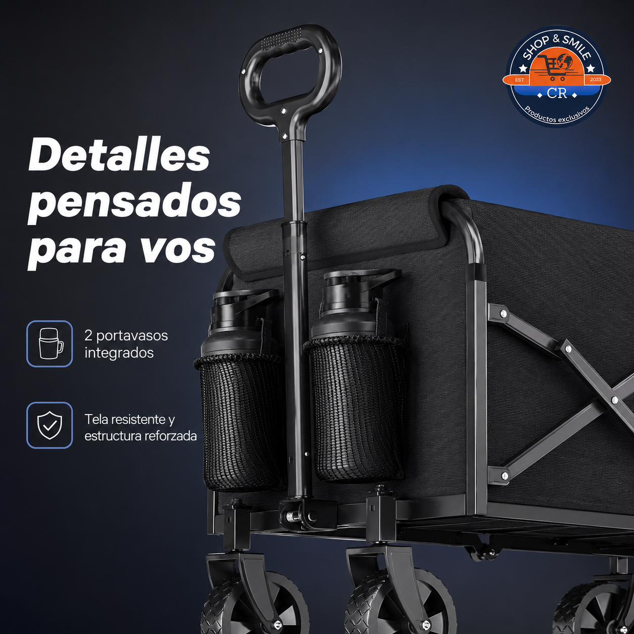 Detalle del carro plegable negro con dos portavasos, tela resistente y estructura metálica reforzada.