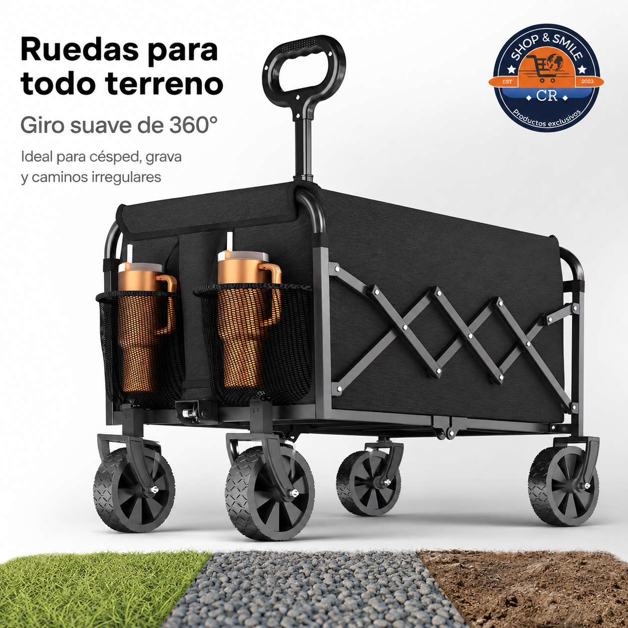 Carro plegable negro con cuatro ruedas giratorias de 360 grados para césped, grava y caminos irregulares.