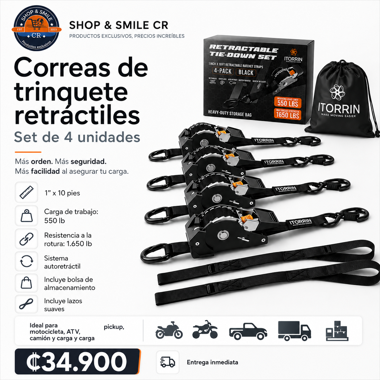 Correas de trinquete retráctiles de 10 pies – Paquete de 4