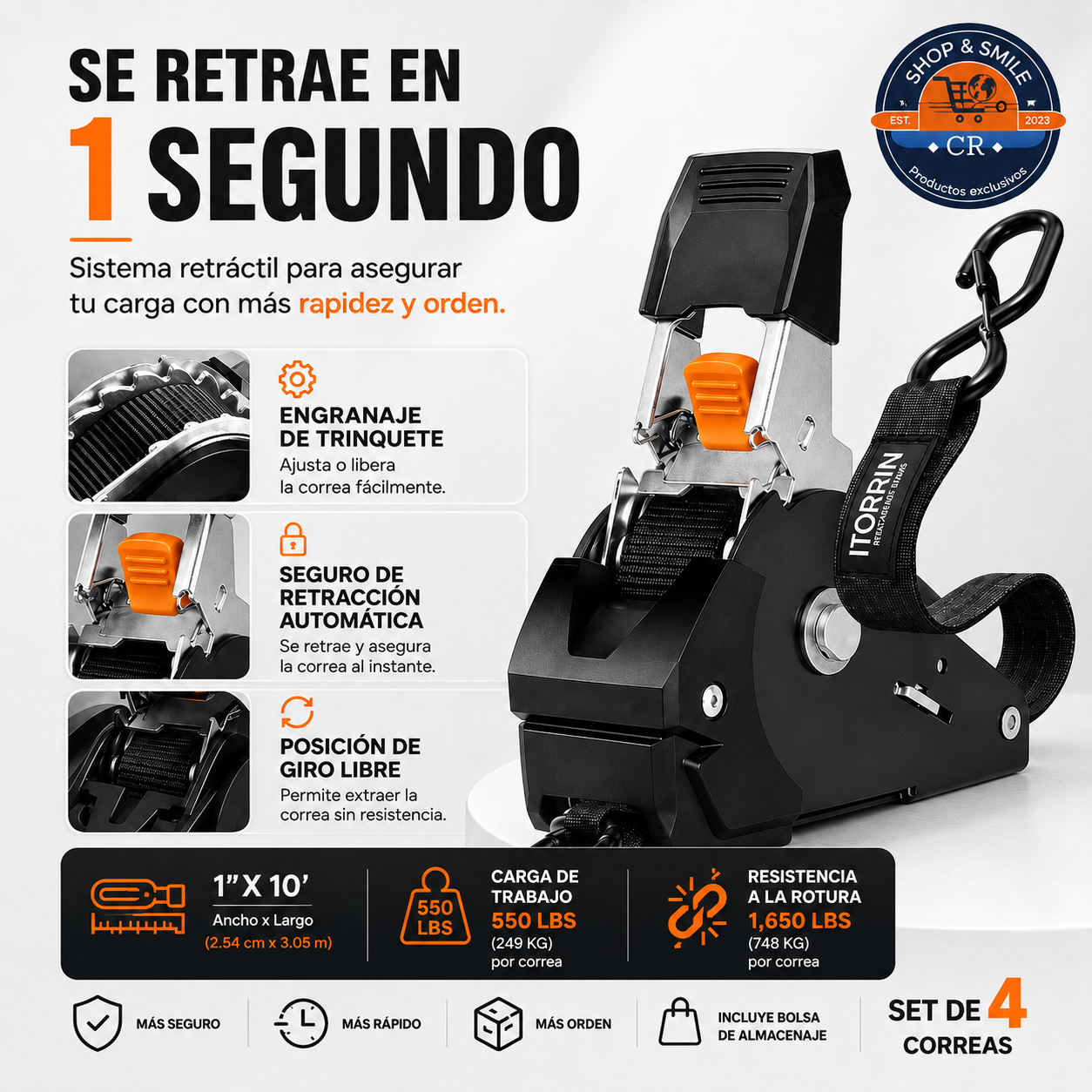 Correas de trinquete retráctiles de 10 pies – Paquete de 4