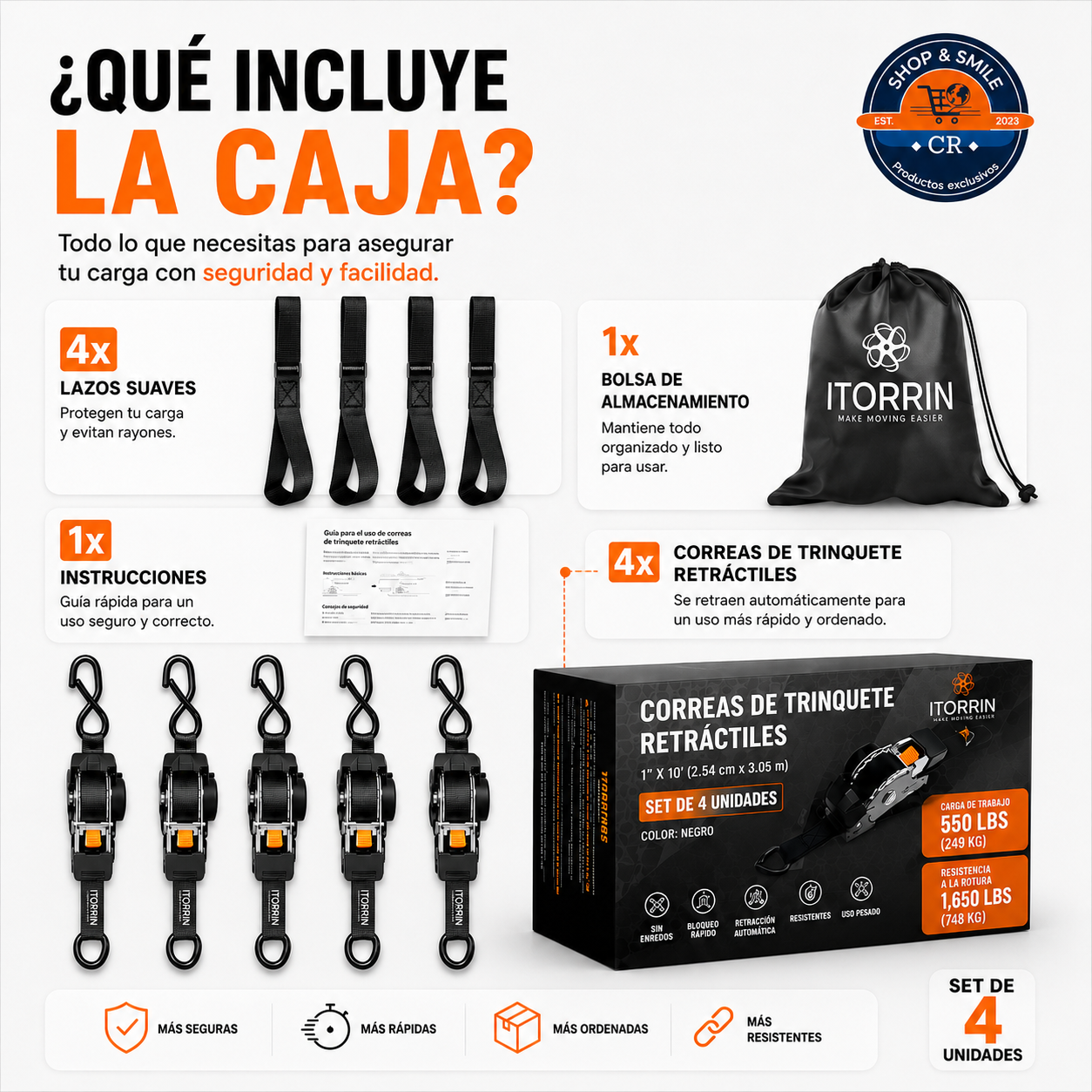 Correas de trinquete retráctiles de 10 pies – Paquete de 4