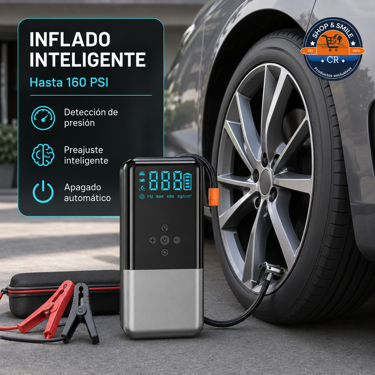 Arrancador con compresor de aire, detección de presión, preajuste inteligente y apagado automático