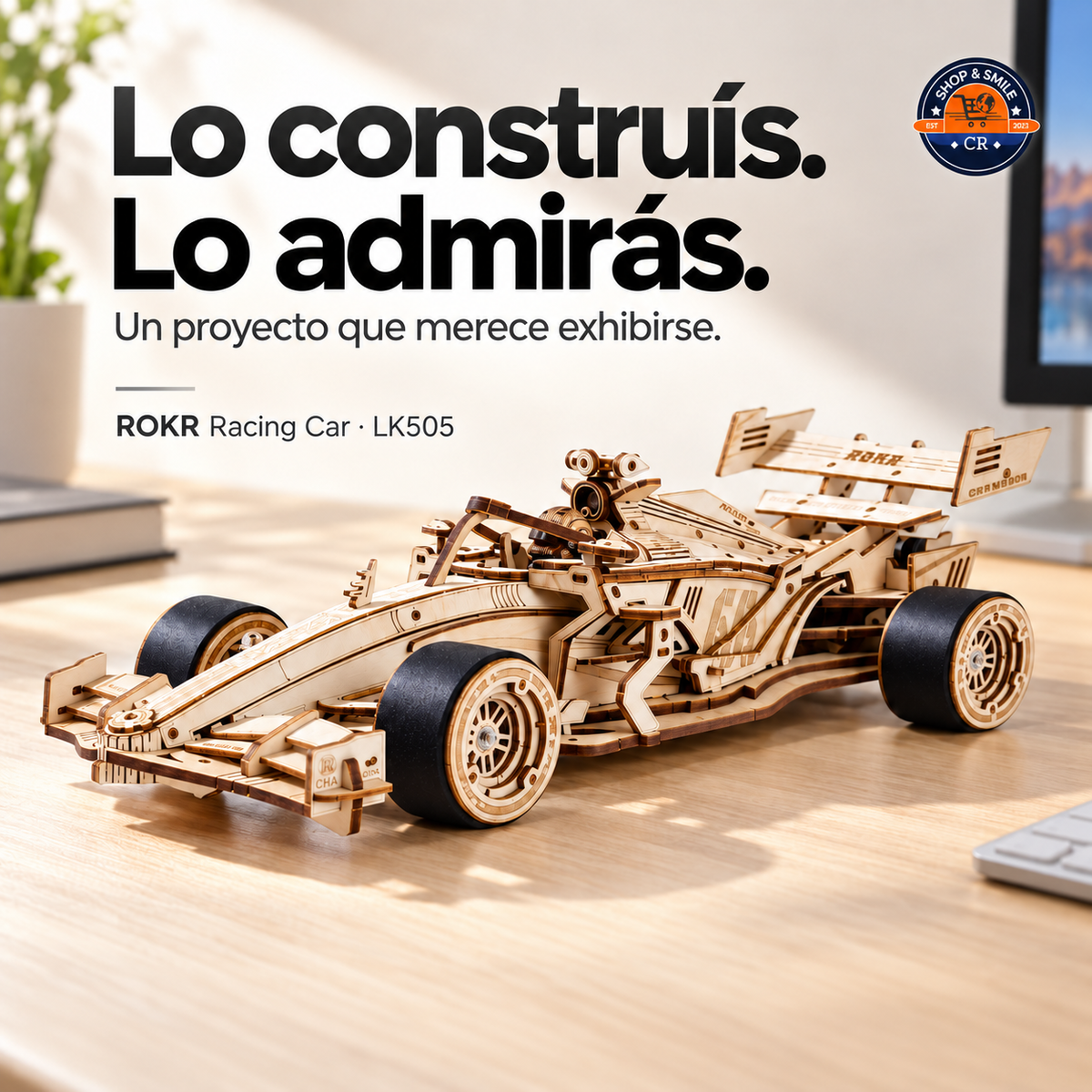 Detalles de la cabina, las ruedas y las piezas de madera del rompecabezas 3D ROKR Racing Car LK505.