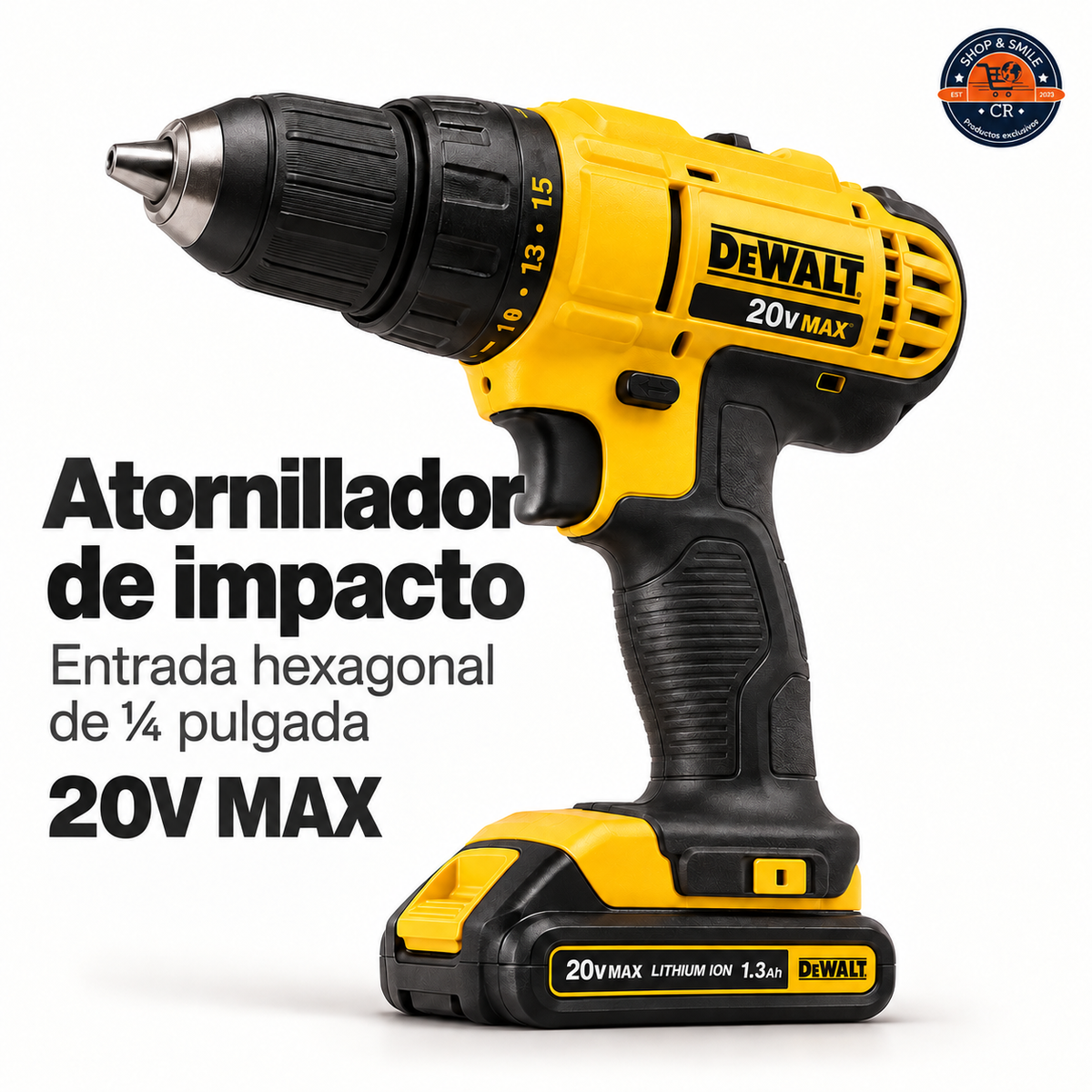Taladro atornillador DEWALT DCD771 de 20V MAX sobre fondo blanco.