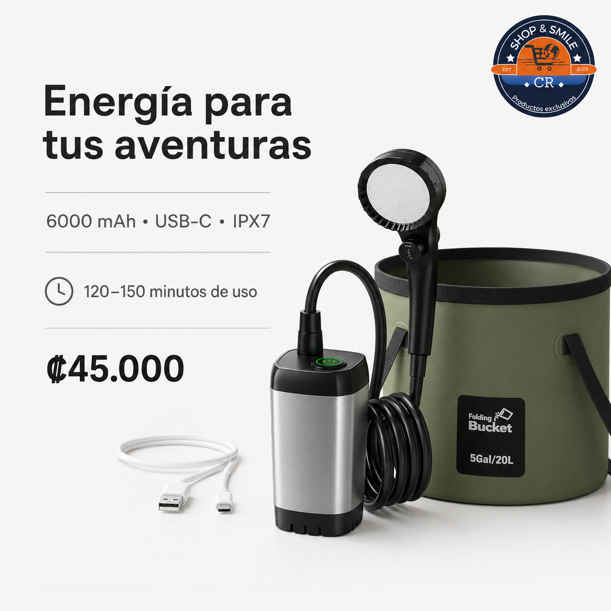 Ducha para camping recargable por USB-C con bomba impermeable IPX7 y autonomía de hasta 150 minutos.