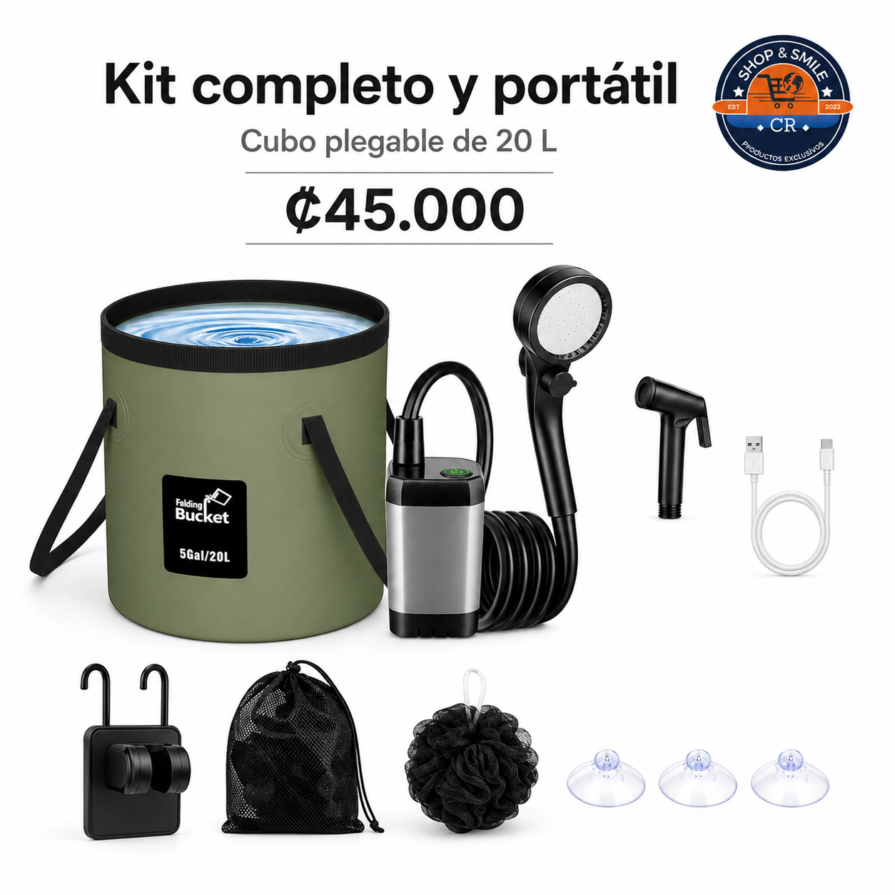 Kit completo de ducha portátil con cubo plegable de 20 litros, bomba, manguera, cabezales y accesorios.