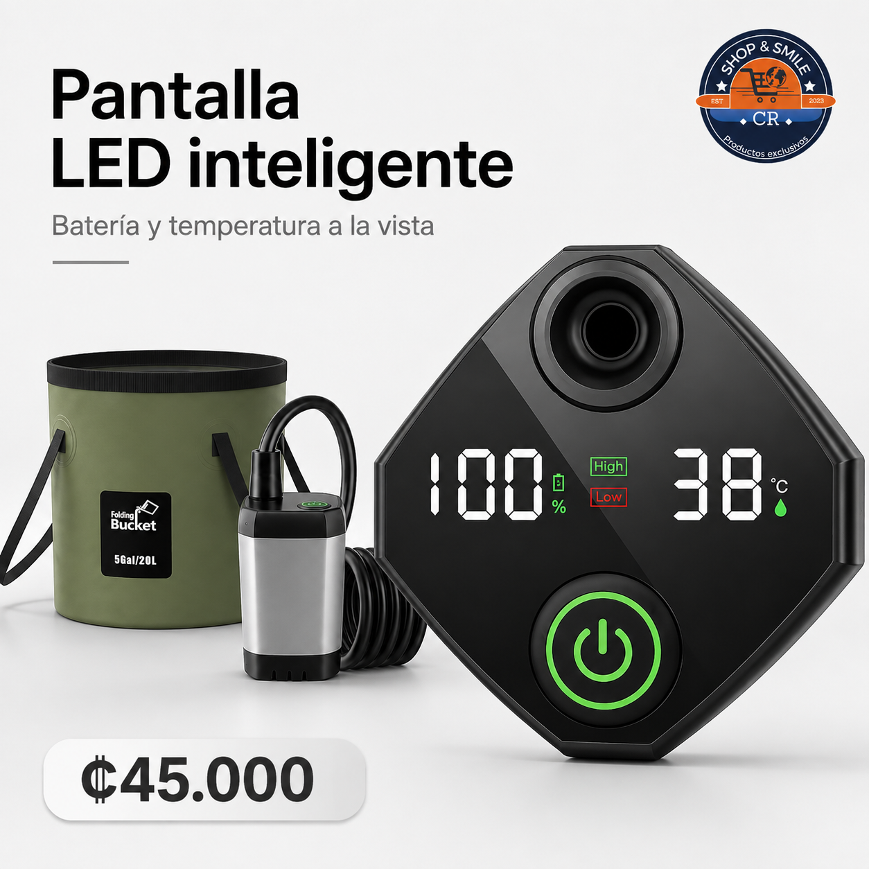 Ducha para camping recargable por USB-C con bomba impermeable IPX7 y autonomía de hasta 150 minutos.