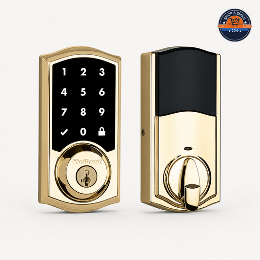Cerradura inteligente Kwikset SmartCode 916 dorada con pantalla táctil, tecnología Zigbee y precio de ₡50.000.