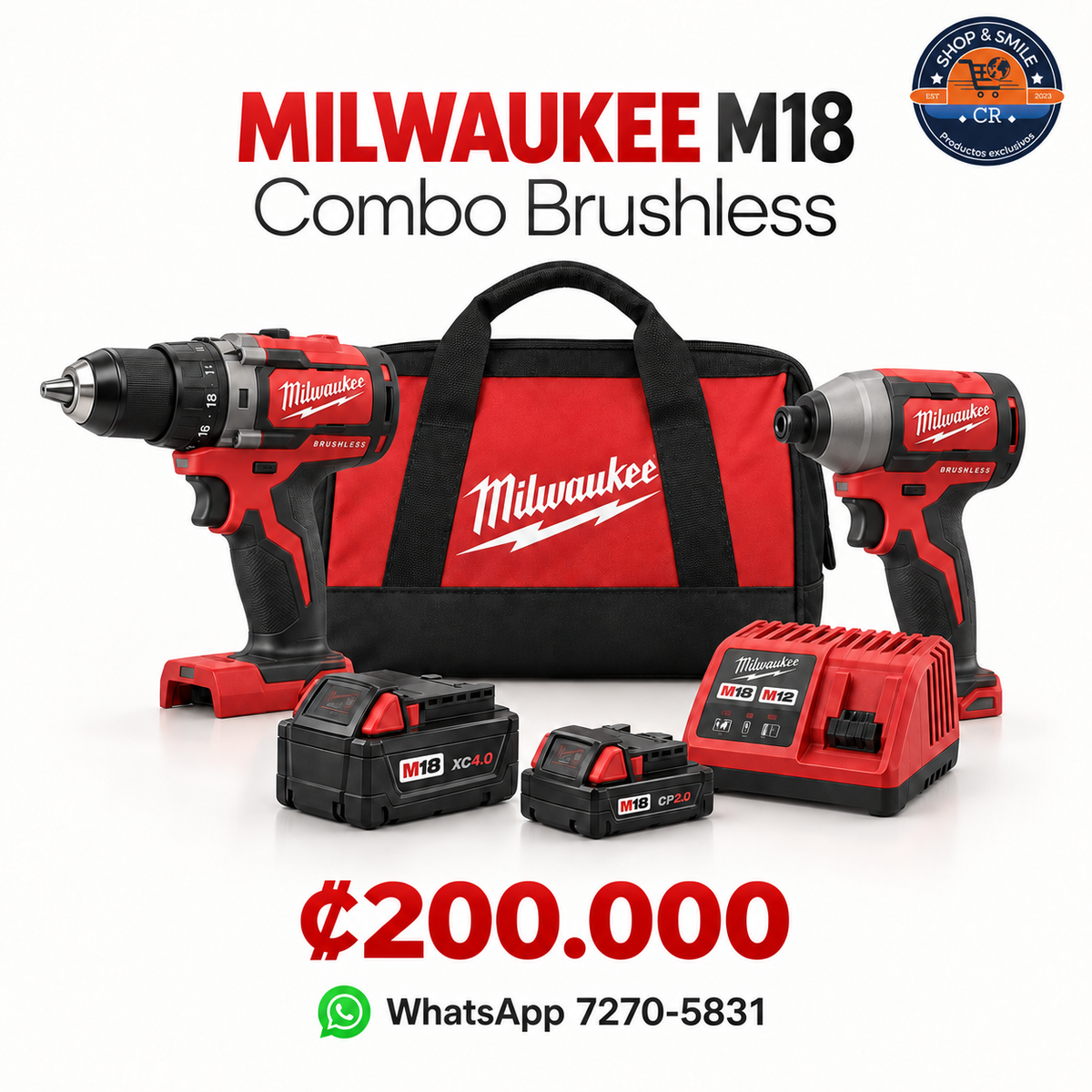 Combo Milwaukee M18 Brushless con taladro percutor, atornillador de impacto, dos baterías, cargador y bolso. Precio ₡200.000., CR 
