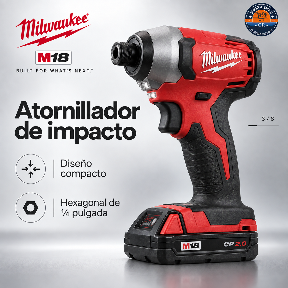 Atornillador de impacto compacto Milwaukee M18 Brushless de un cuarto de pulgada con batería CP2.0.