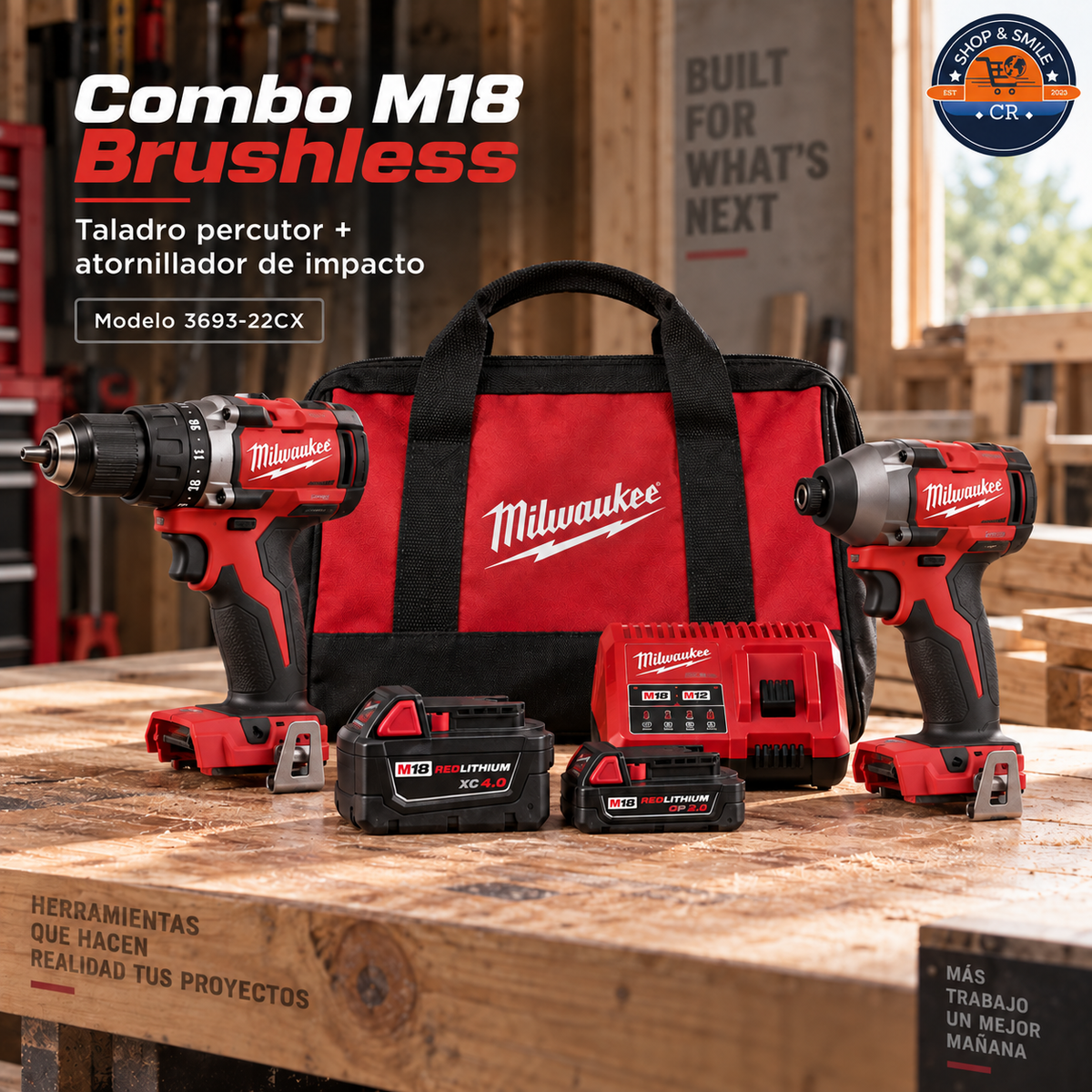 Combo Milwaukee M18 Brushless presentado sobre una mesa de taller con herramientas, baterías, cargador y bolso.