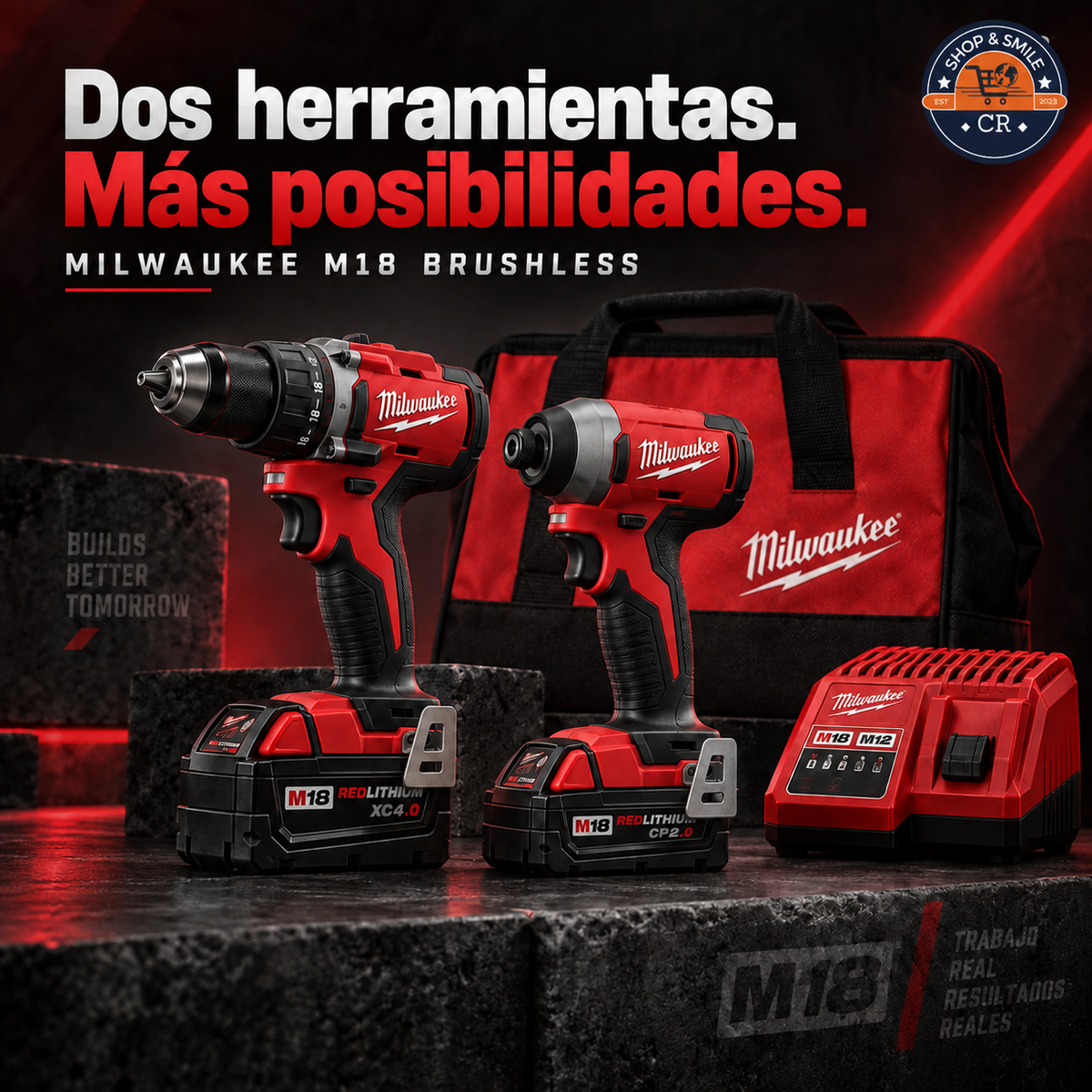 Taladro percutor y atornillador de impacto Milwaukee M18 en un diseño oscuro con bolso, baterías y cargador. Costa Rica