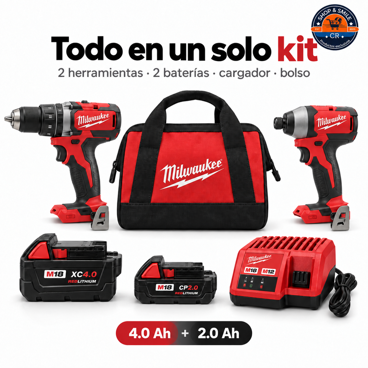 Contenido del combo Milwaukee M18: dos herramientas, baterías de 4.0 Ah y 2.0 Ah, cargador M18/M12 y bolso.