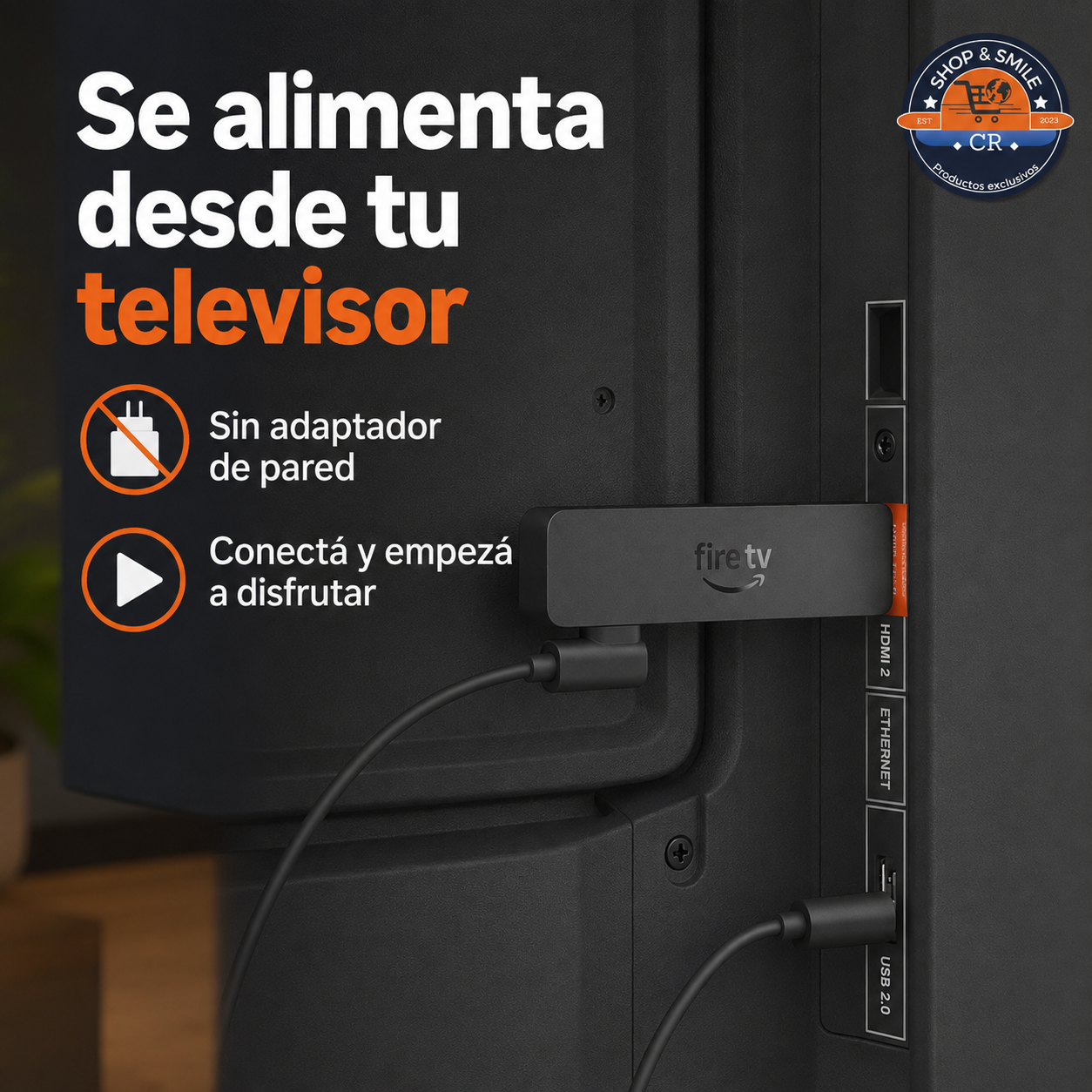 Amazon Fire TV Stick HD conectado al televisor y alimentado mediante el puerto USB